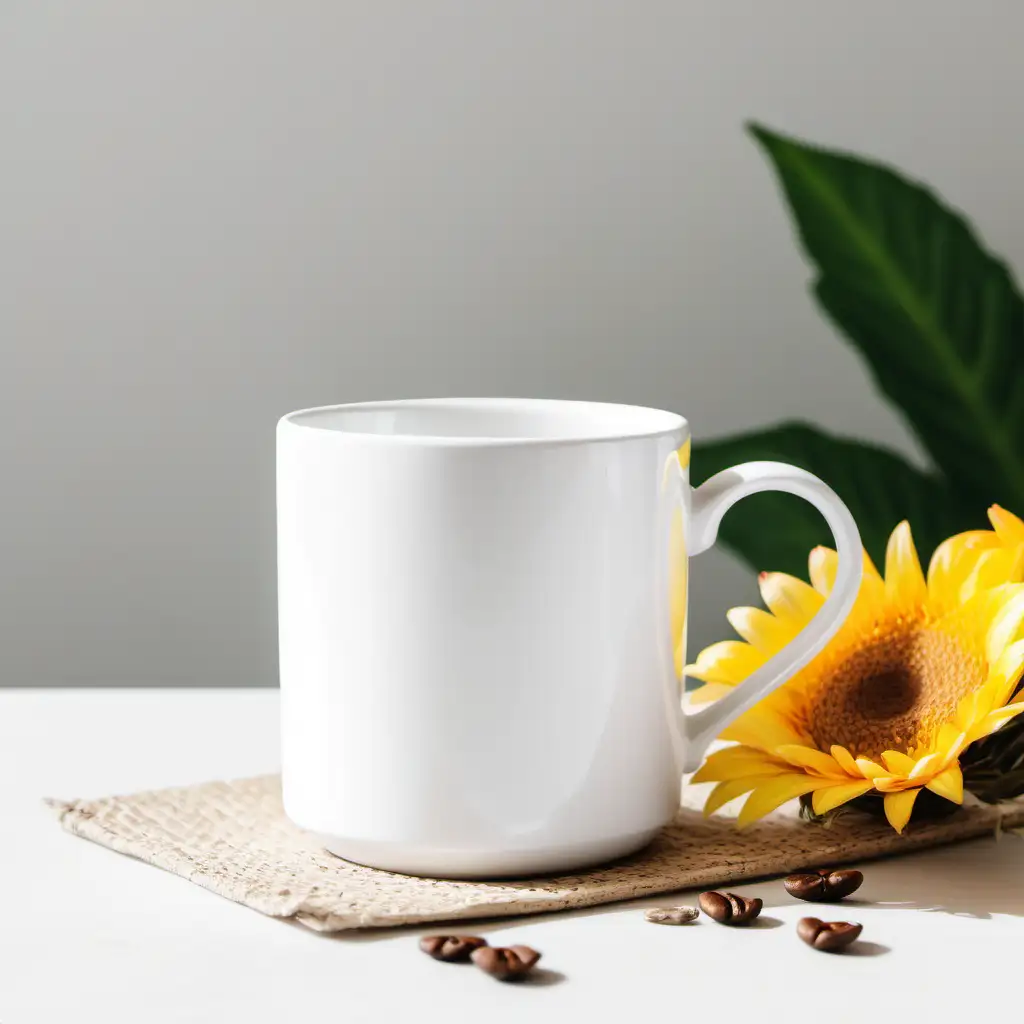 Minimalist White Coffee Mug on Summer Decor Background
