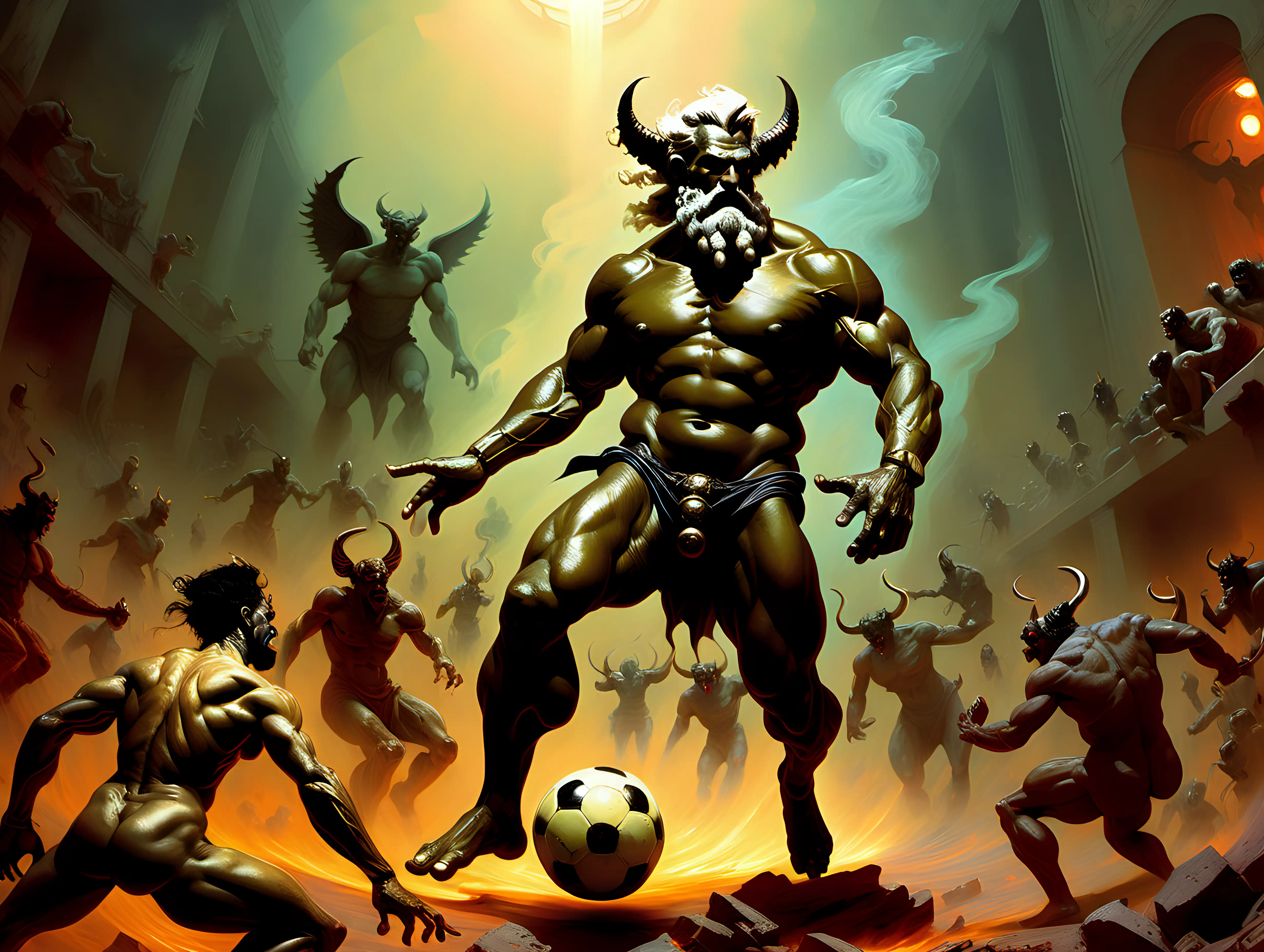 Zeus playing soccer against demons in  Hell in style of cyberpunk by frank frazetta