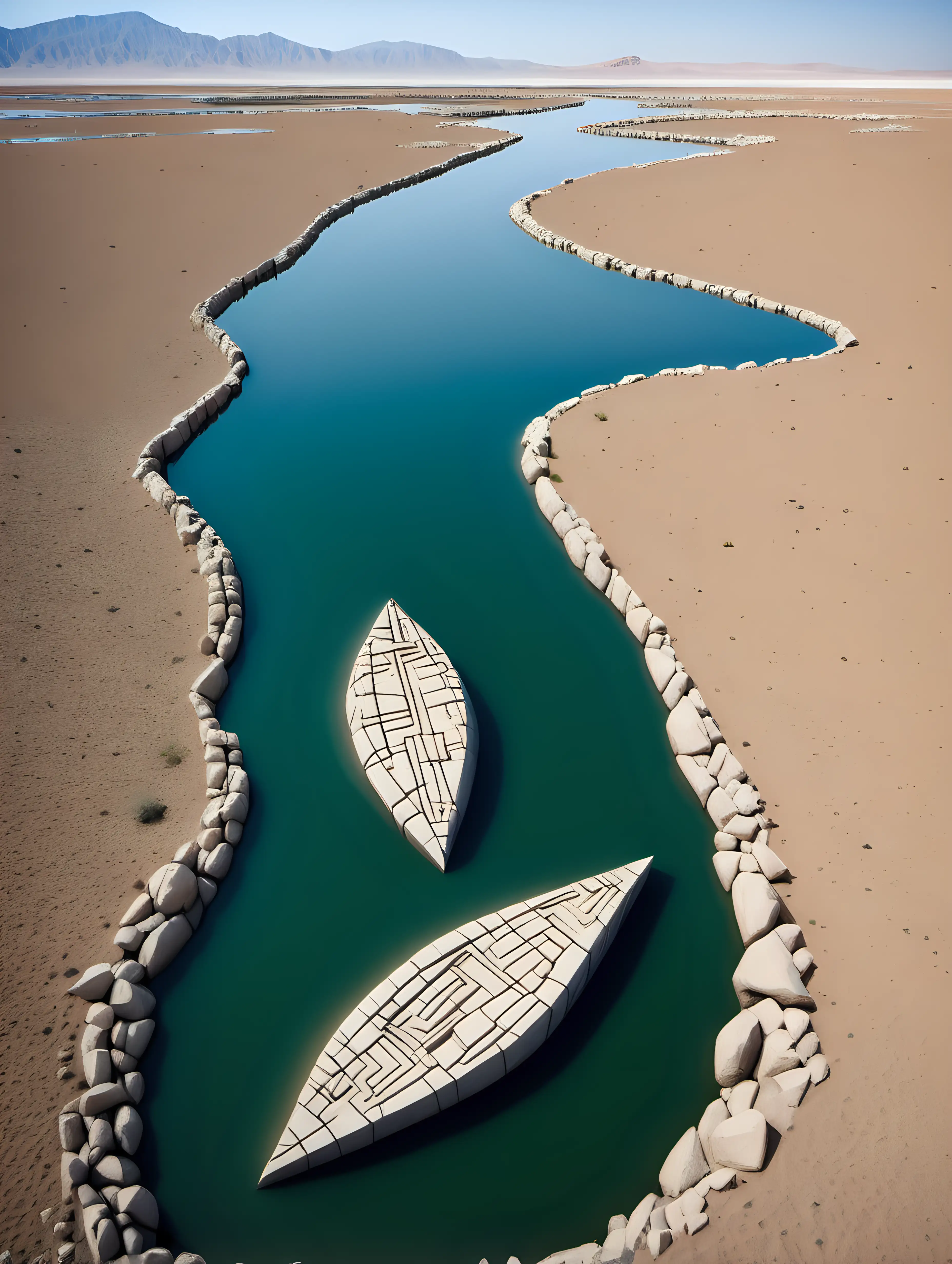 Desert Lake Landscape Unique Ship Hull Formed by Curved Boulders