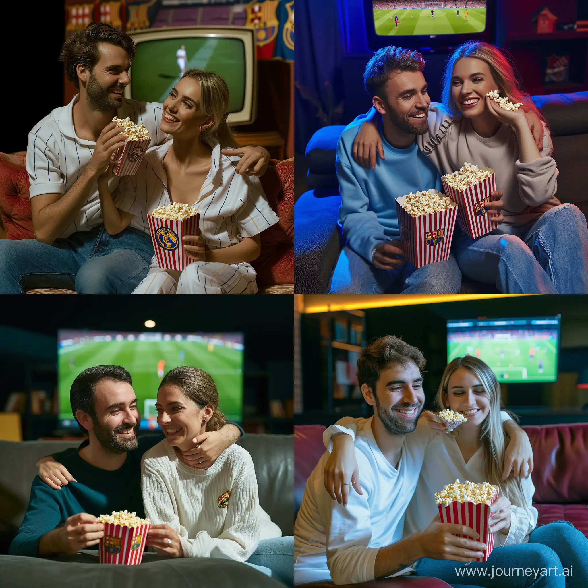 Couple eating popcorn while sitting on sofa husband's hand of wife's shoulder and watching football match between barcelona and real madrid on tv,  very realistic image