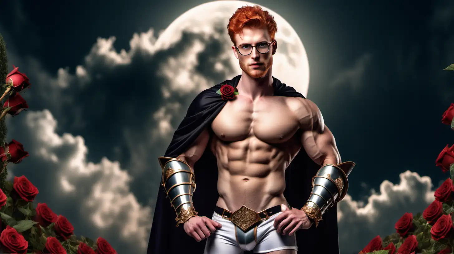  a handsome shirtless redhead muscular male knight holding a wedding ring short hair glasses stubbles rose garden leg armor bracelets full moon clouds cape how hairy chest show abs show legs full body shot 