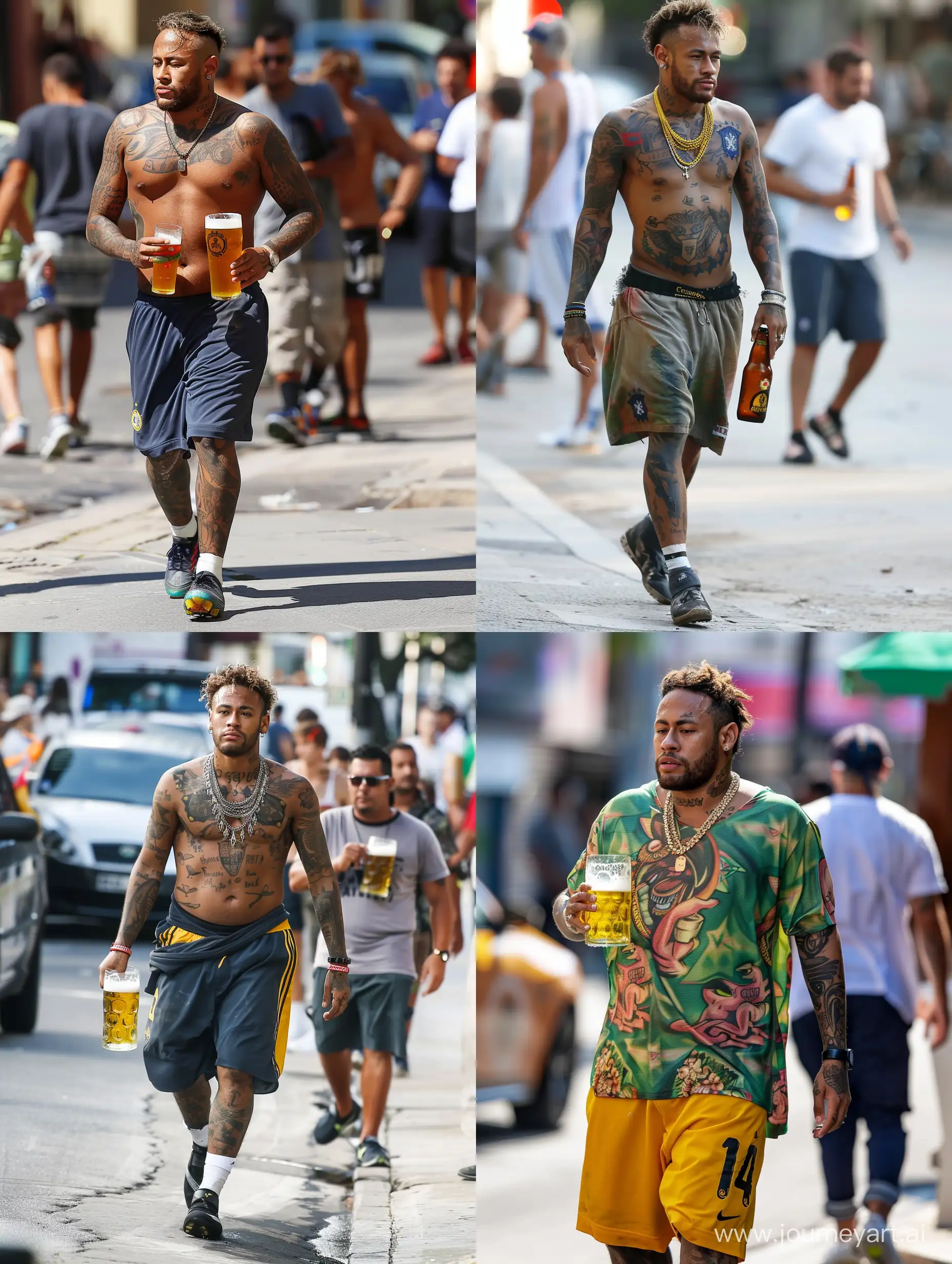 Image of  a really fat neymar jr walking in streets drinking beer 