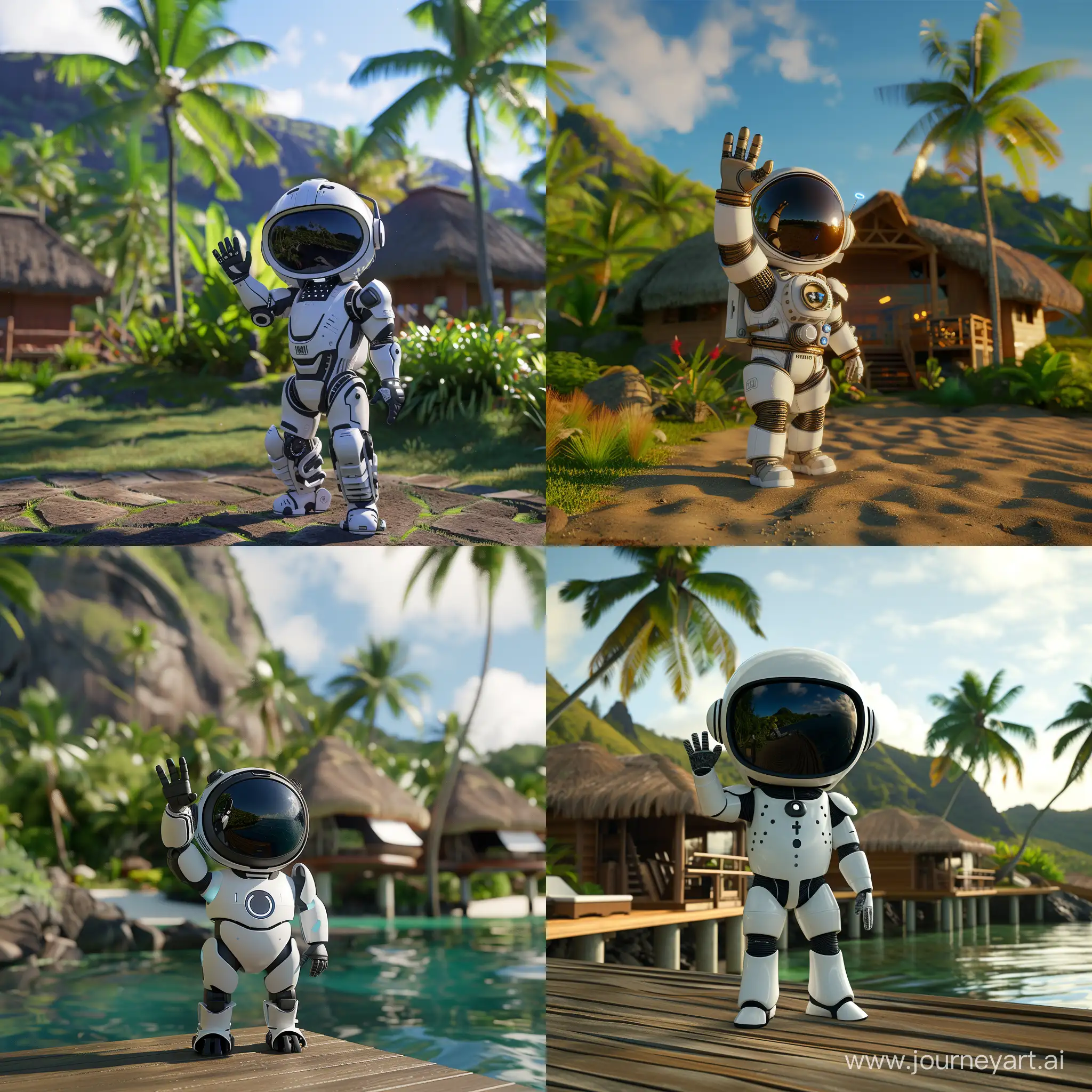 Astro from playstation in Fiji, Standing near a bure, waving hi to the camera, photographic, photorealistic, 8k