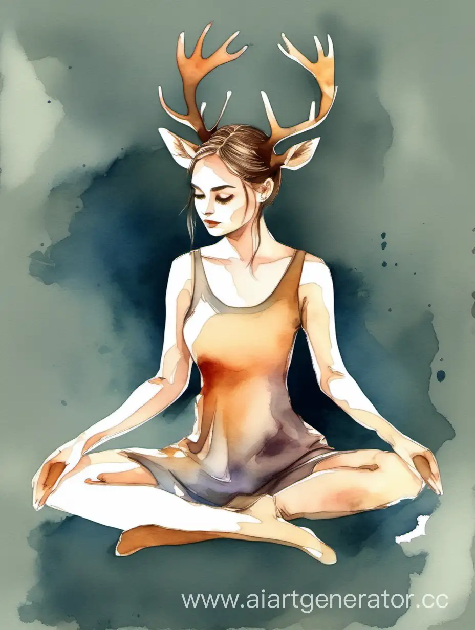 In watercolor style, a girl sits in a deer pose
