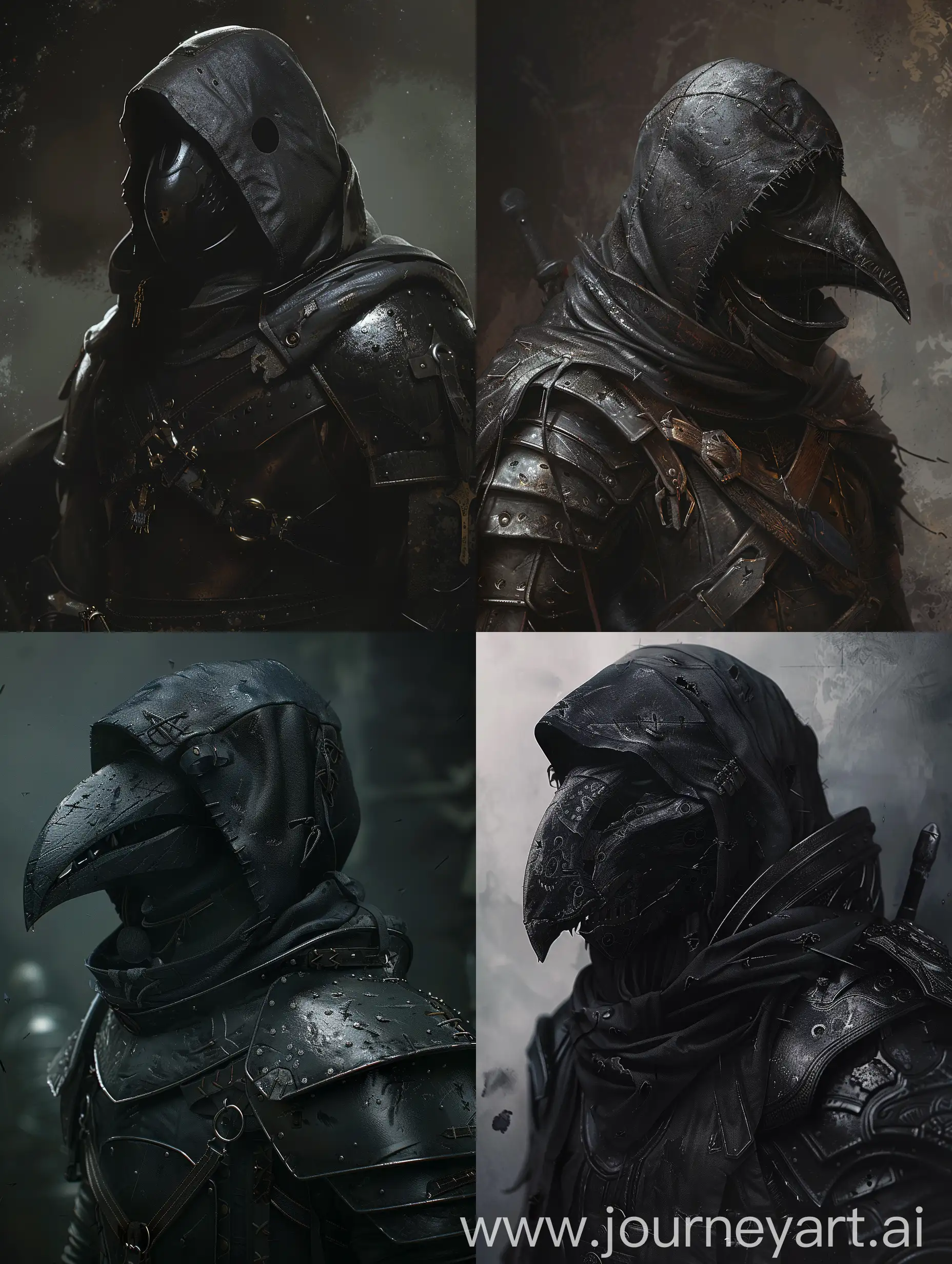 a plague doctor donning a black hood, armor, trending on artstation, complex background, stuff in the background, highly detailed, (gloomy), dark, dimmed, hdr, vignette, grimy