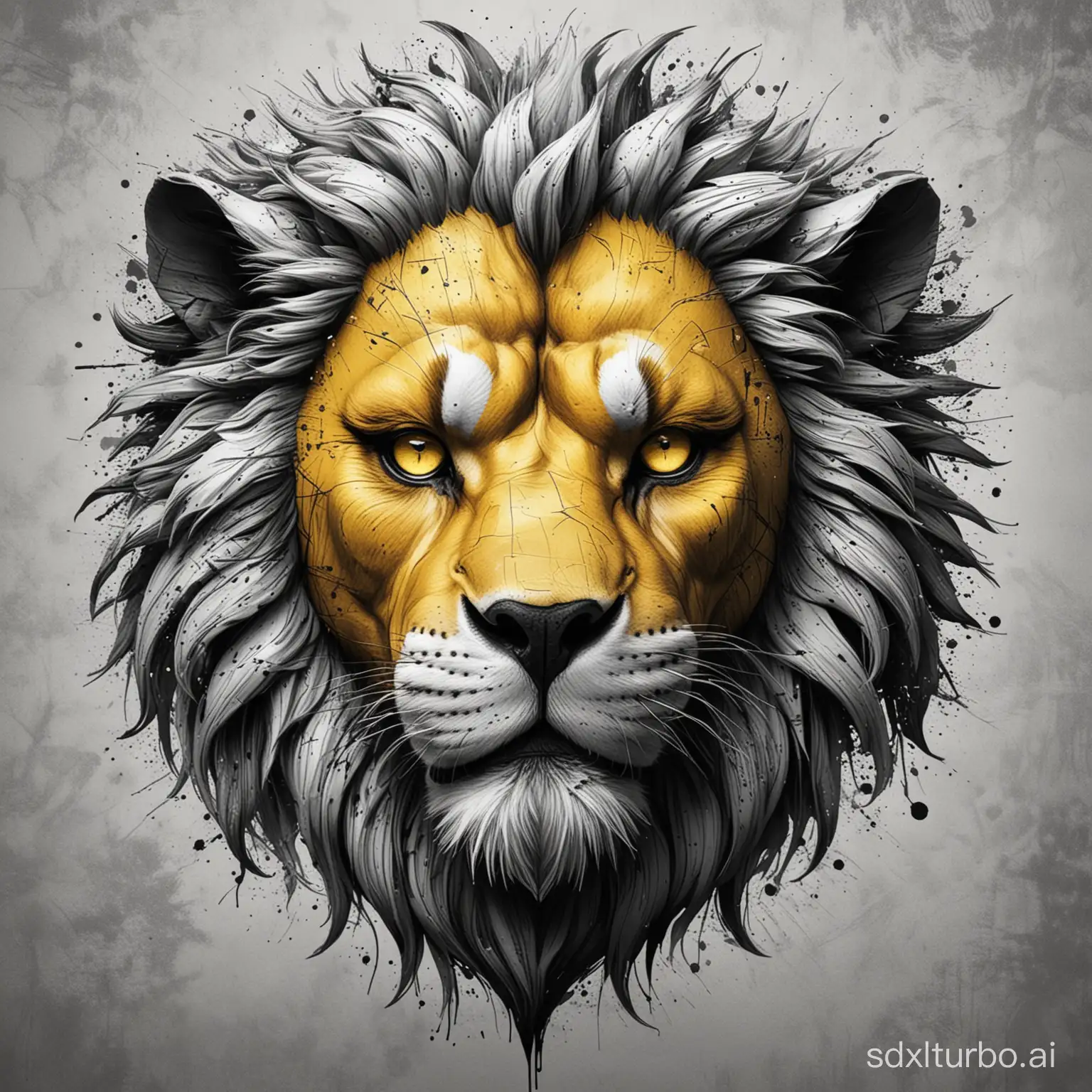 Comic-Style-Lions-Head-with-Intense-Gaze-in-Black-and-White-with-Striking-Yellow-Eye