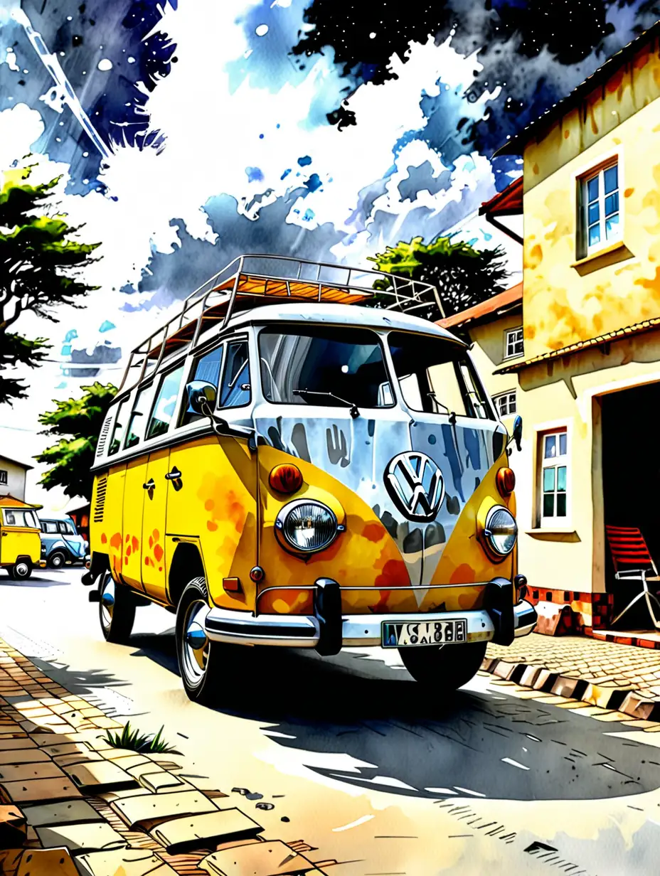 Vintage Yellow VW Kombi Safari in a Picturesque Town under a Silver Lining Sky Comic Aquarelle Masterpiece