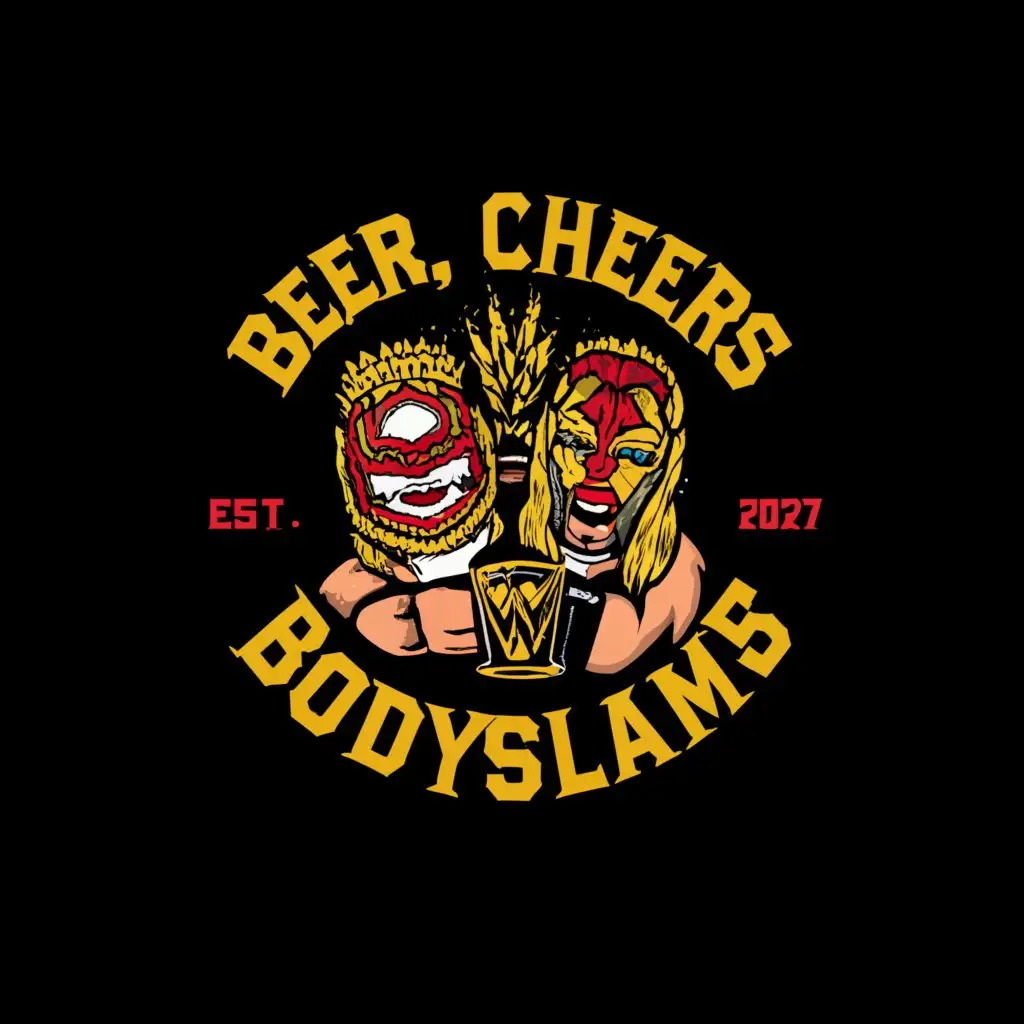 a logo design,with the text " Beers, Cheers & Bodyslams", main symbol:Pro wrestling, podcast, pro wrestling, ultimate warrior, championship belt, beer,Moderate,be used in Entertainment industry,clear background