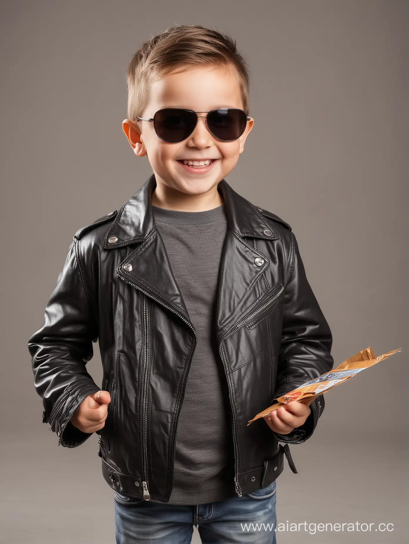 happy little boy in sunglasses and leather jacket holds a small package in front of him