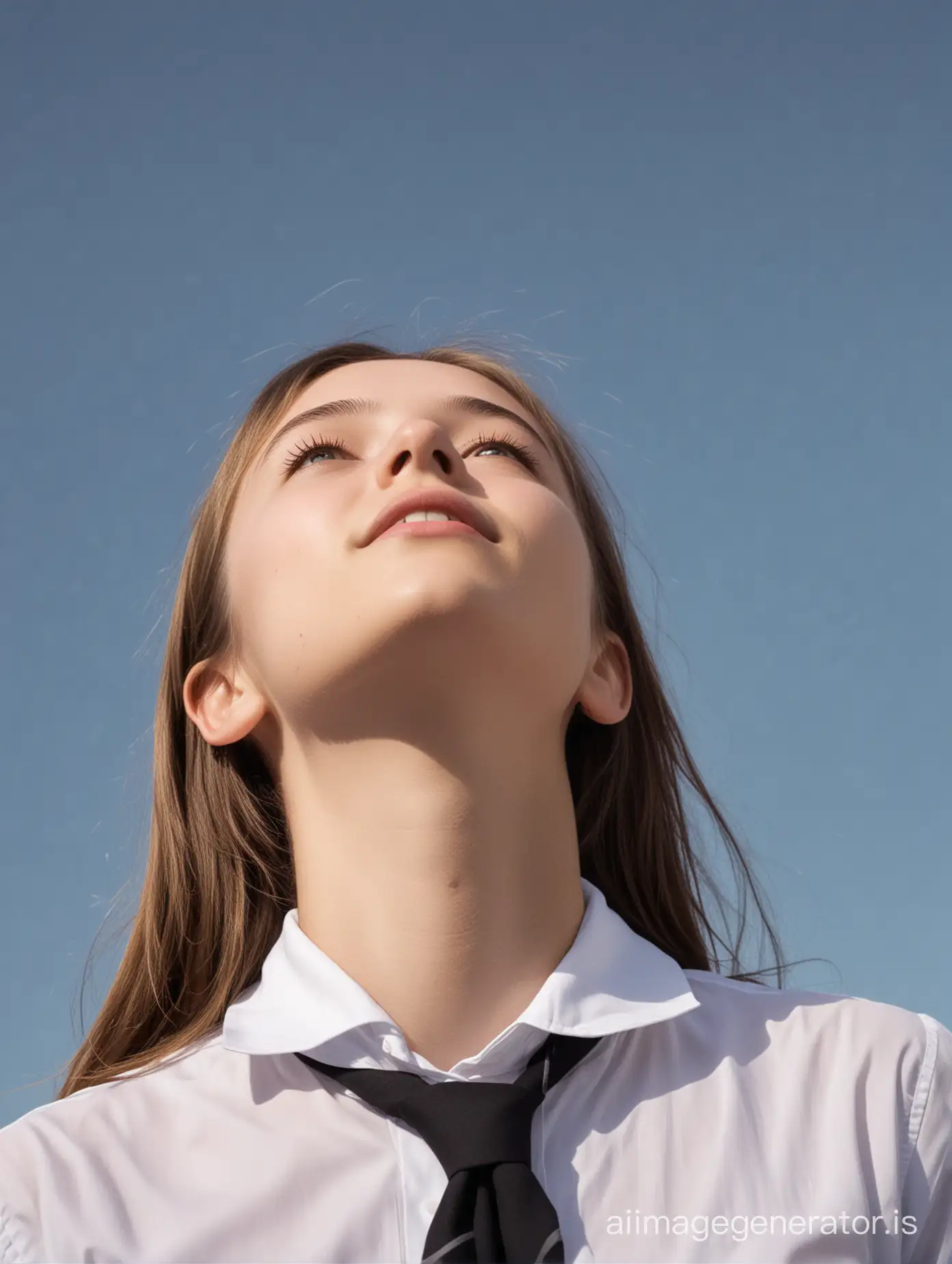 A photo of 16-year-old teenage girl, wearing school uniform, she (((looking up))) to sky, (slender neck), she is (in heaven), ((close-up))