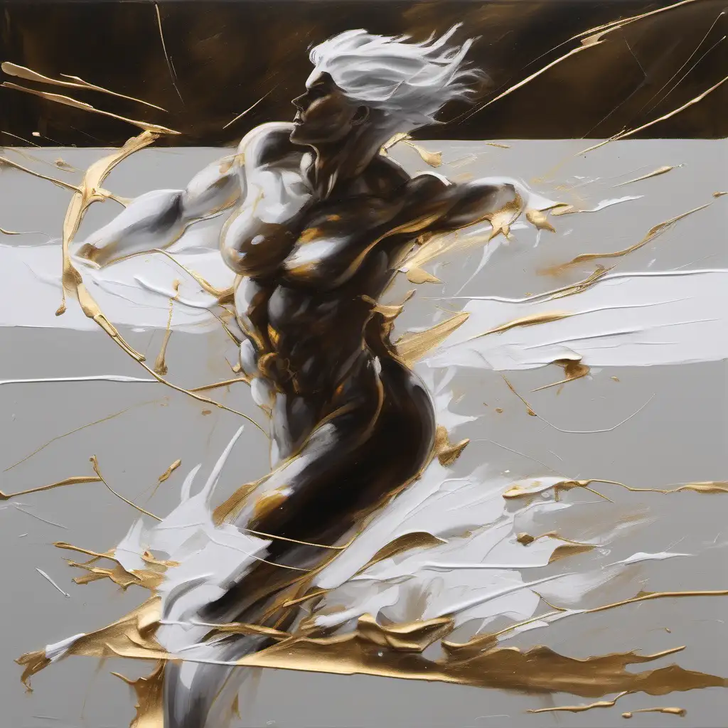 acrylic painting in white, with a masterful sketch look, skewed white art style, strong visual flow, well-defined and detailed (cinematic), add in a little reflective golden metal and twisted black iron