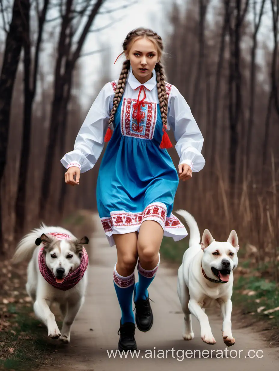 Девушка русская в спущенных носках и национальном мини-платье с длинными рукавами и косичками бежит от собаки, полный рост