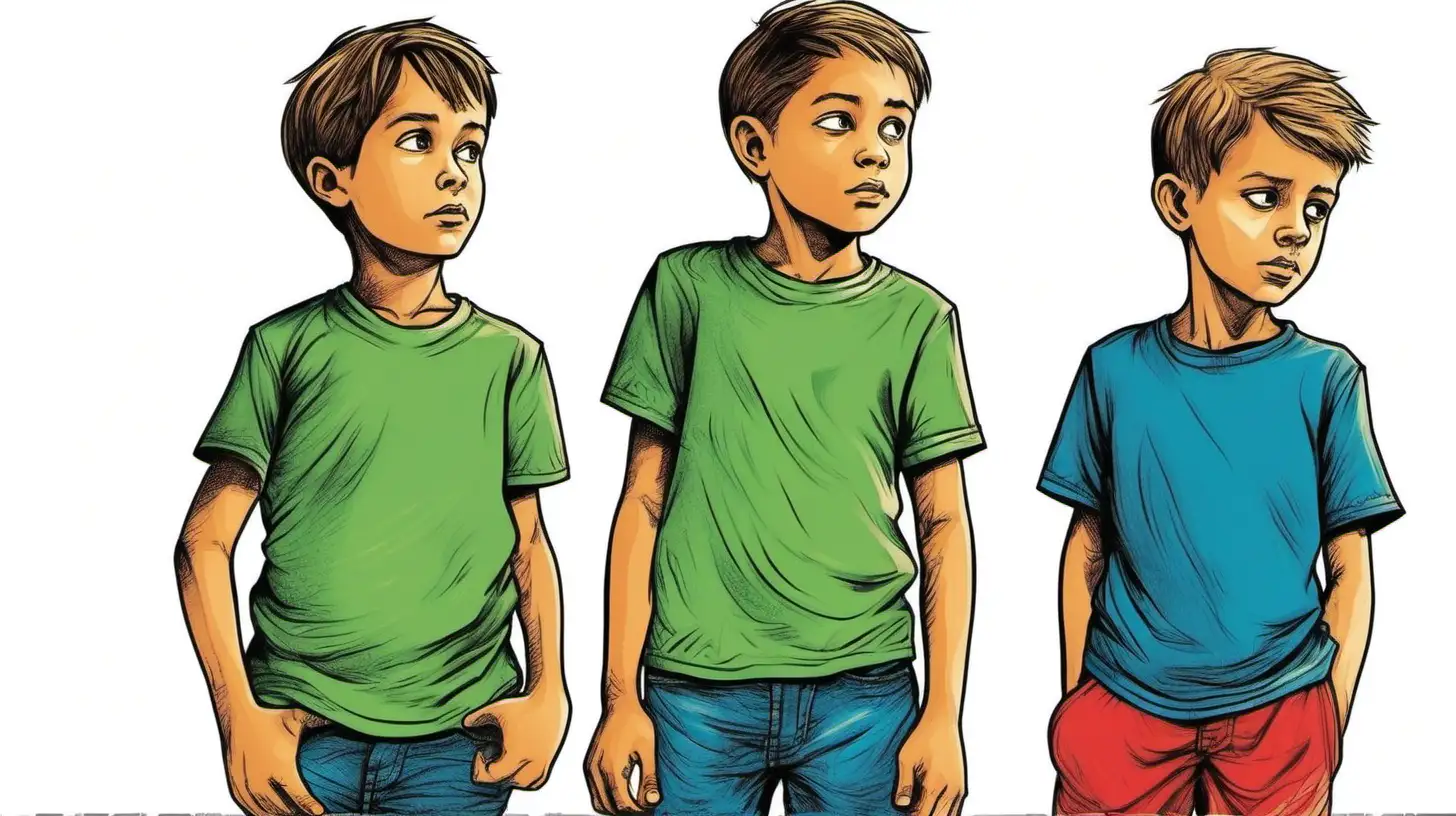 illustrate ten years old three boys, one of them wearing green shirt the other one wearing red t-shirt and other wearing blue shirt, standing outside and thinking