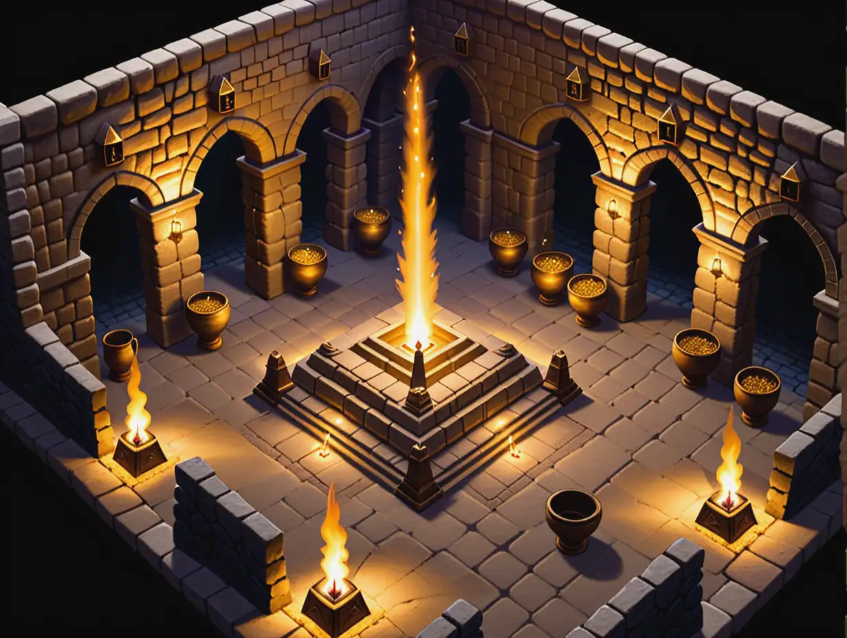 Ancient pyramid dungeon in the theme of Ultima Online, wall torches, gold coins, treasures, vases