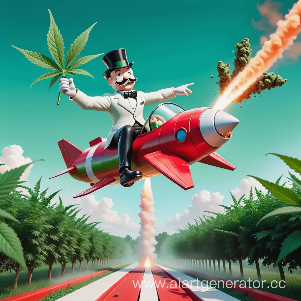 Monopoly-Man-Riding-a-GreenRed-Rocket-Holding-Marijuana-Bushes