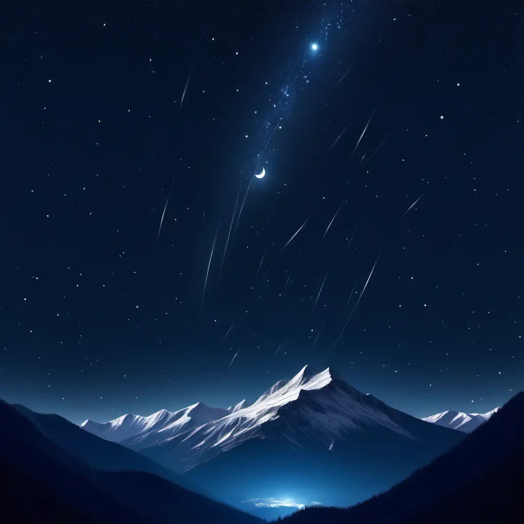 a starry night sky with a quarter moon and shooting stars above mountain peaks