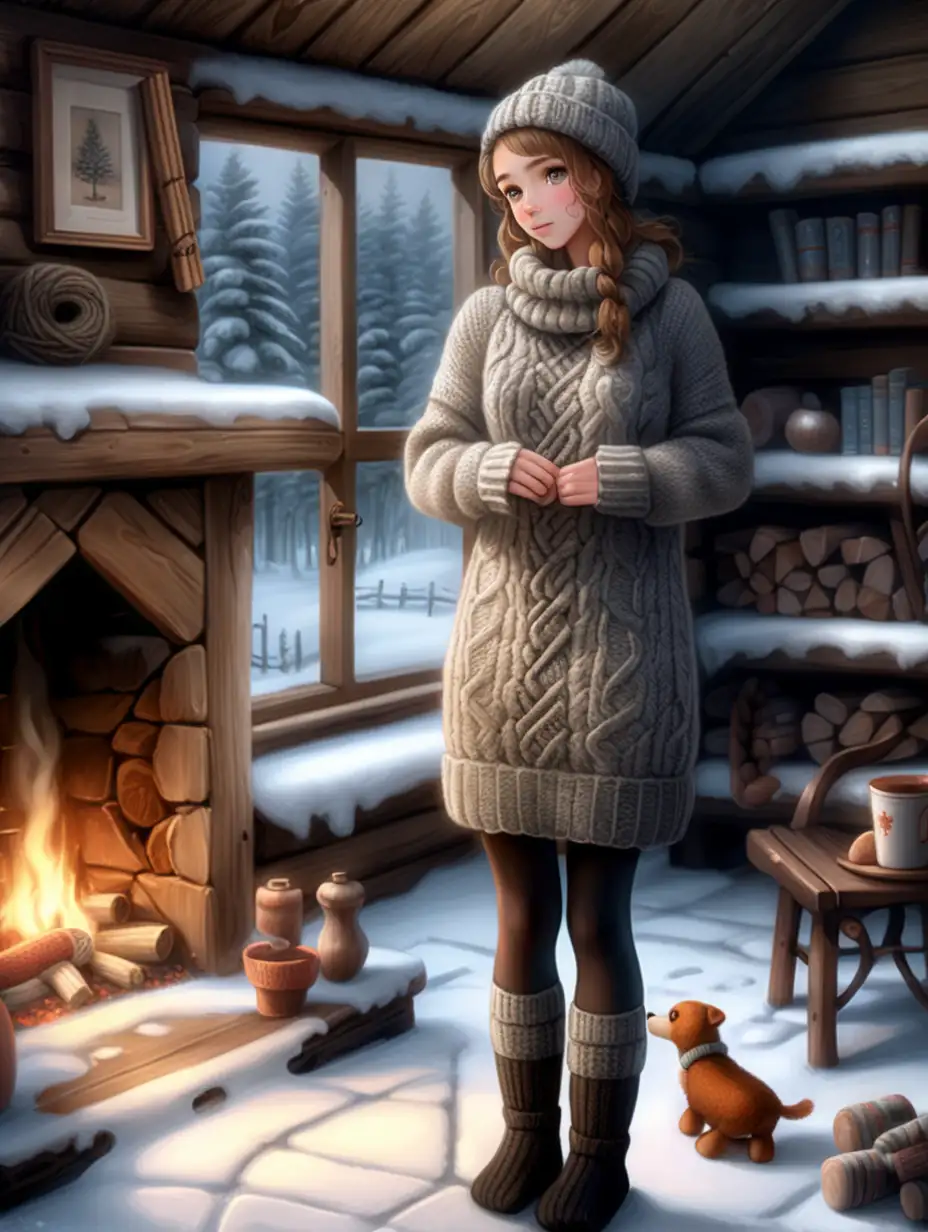 Deep winter, deep snow, and freeze to the bones .Inside old wooden house with big and running fire place hot girl wearing only hand knitted wool dress all body, black leggings,knitted socks and knitted wool handmade slippers - all in gray and brown, with short rain rubber boots on legs. 