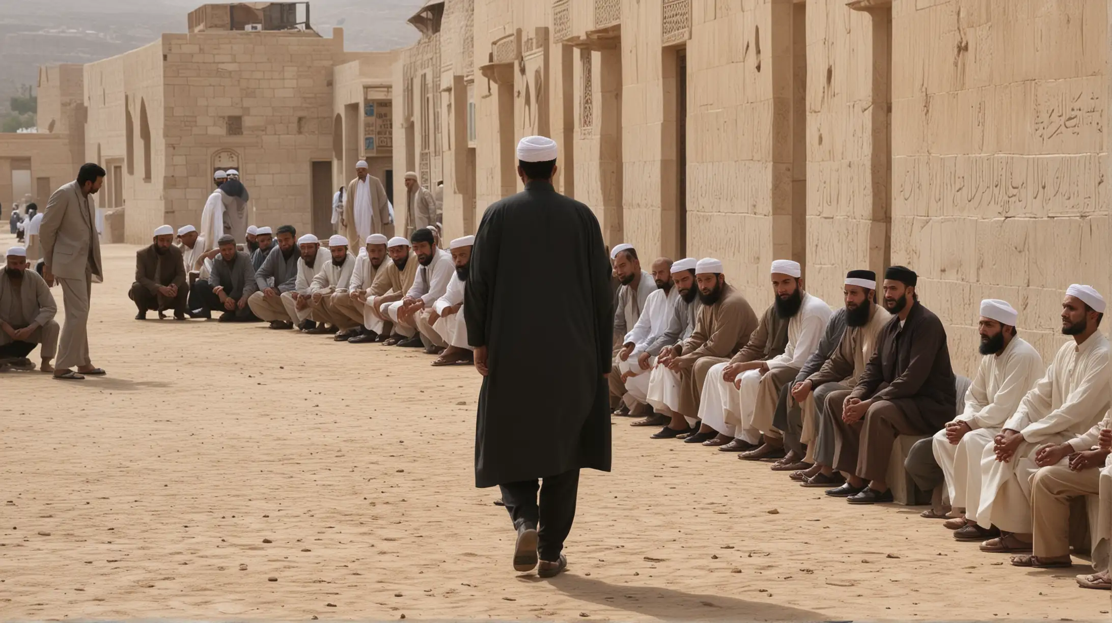 a muslim man walking towards a group of man sitting and talking