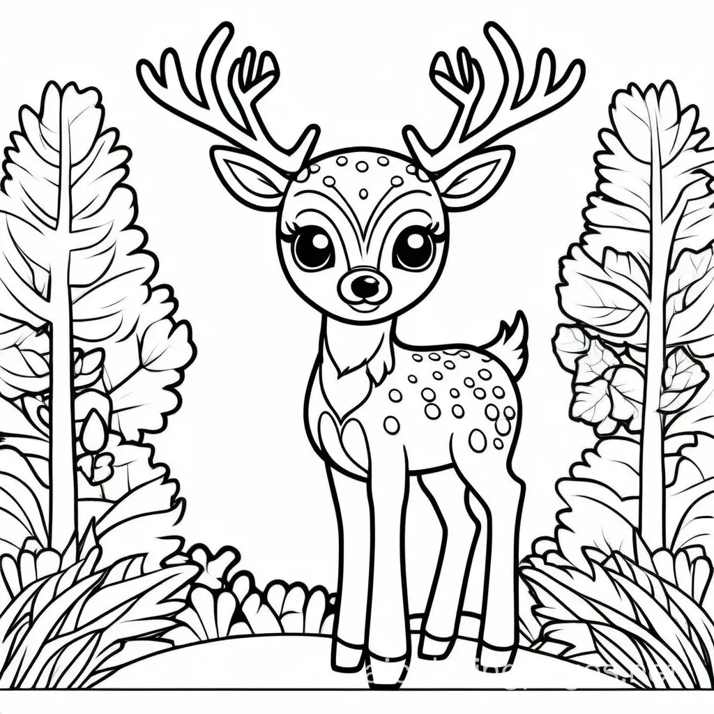 Cute deer, Coloring Page, black and white, line art, white background, Simplicity, Ample White Space. The background of the coloring page is plain white to make it easy for young children to color within the lines. The outlines of all the subjects are easy to distinguish, making it simple for kids to color without too much difficulty