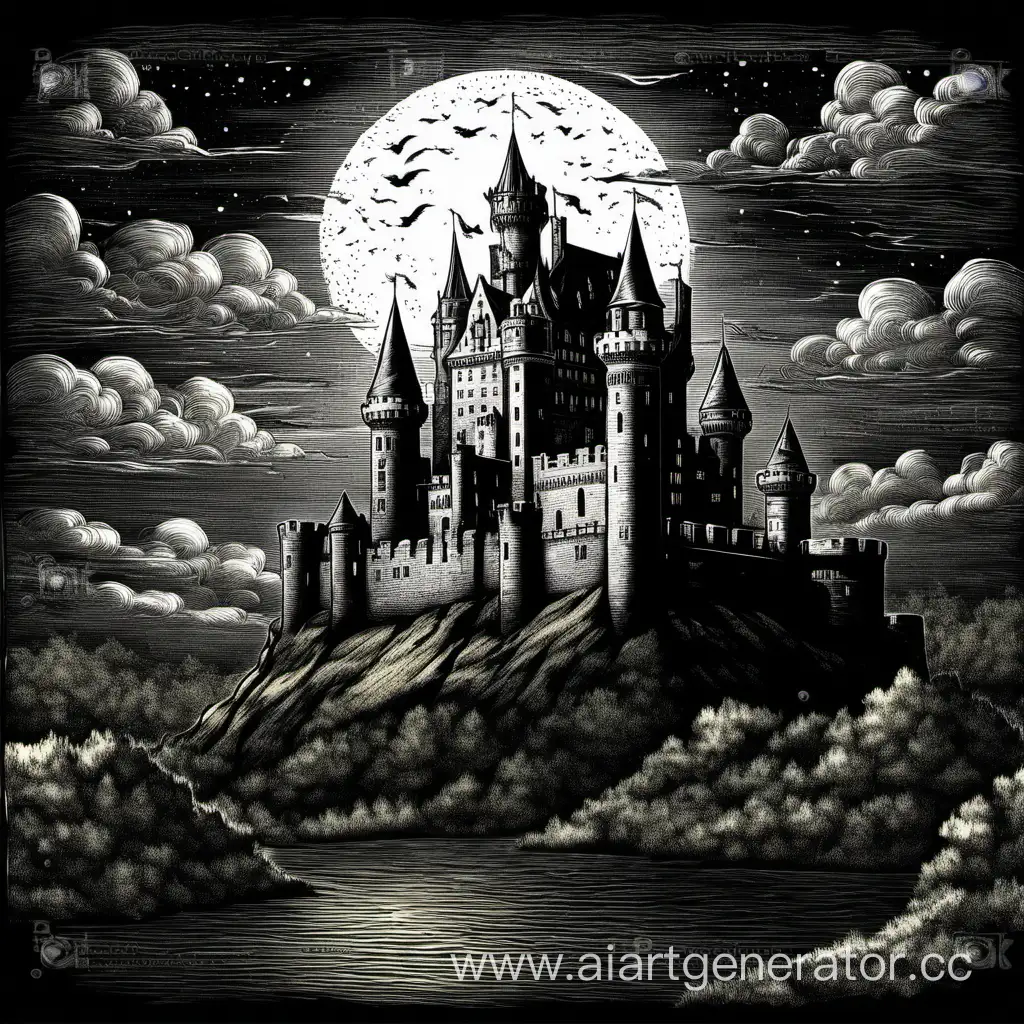 night over castle, engrave style