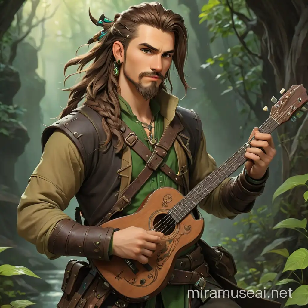dungeons and dragons,fantasy, human , male , bard , Brown outfit with green details, long brown hair with shaved sides and braided at the back, medium length beard, black boots, a small guitar on his back, a small bag on his waist.