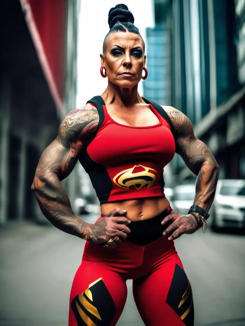 full height big extremely muscular tattooed female bodybuilder with short black hair in cornrows wearing a sleeveless red and gold superhero outfit standing on a futuristic street flexing