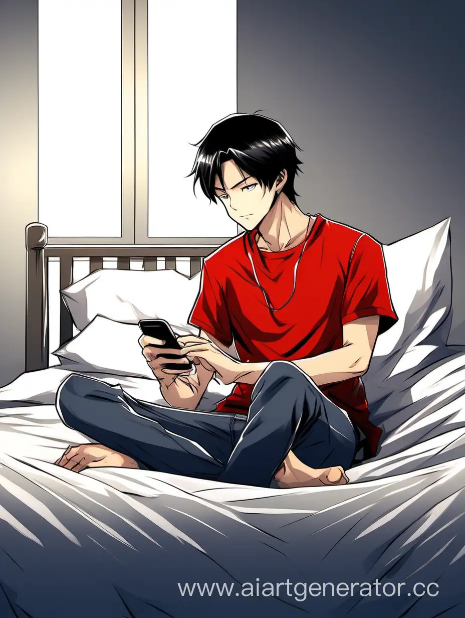 Вид сзади,парень темноволосый в красной футболке читает сообщение в телефоне Сидя за кроватью.в стиле аниме