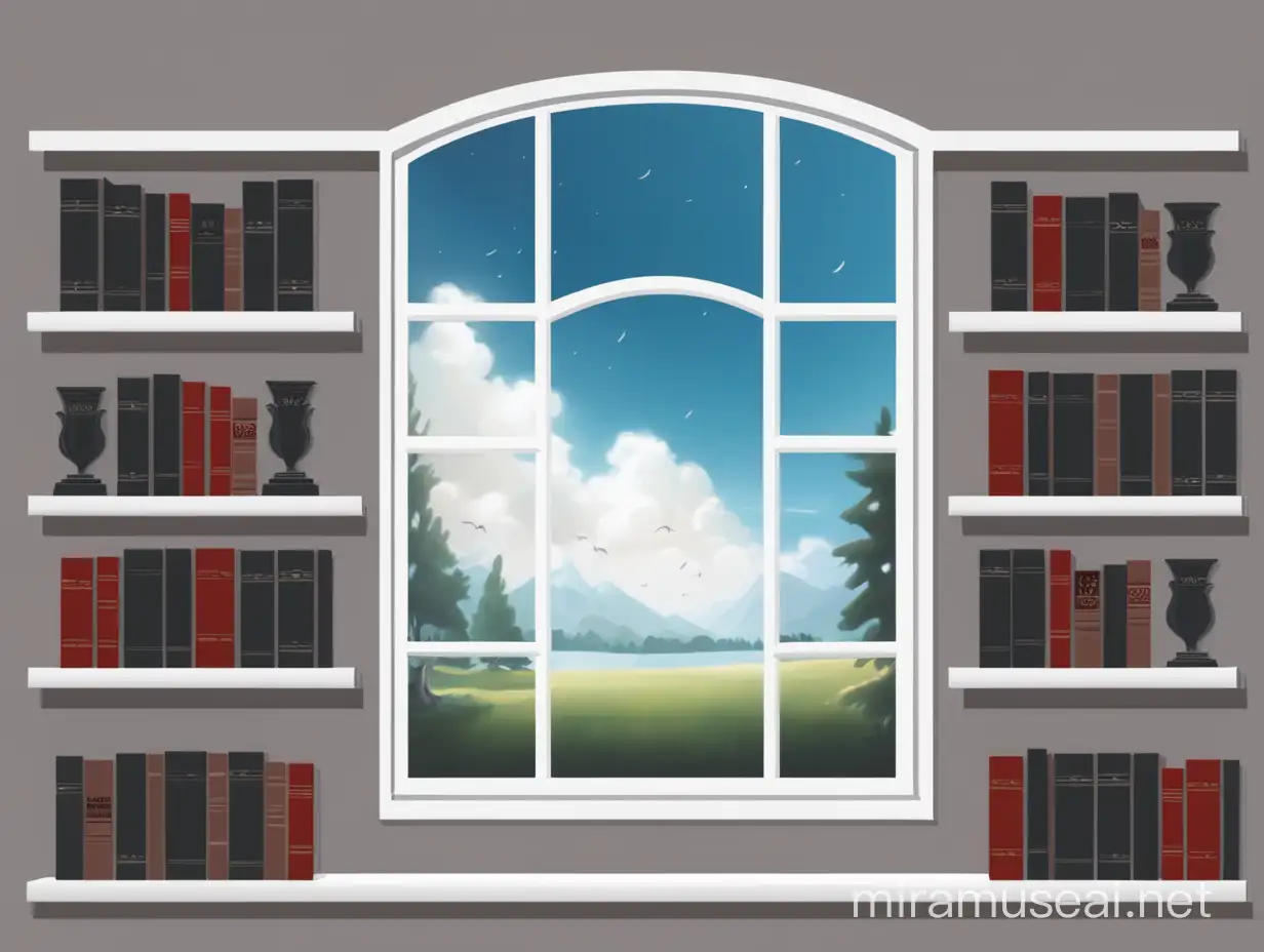 Window on wall and book shelf 