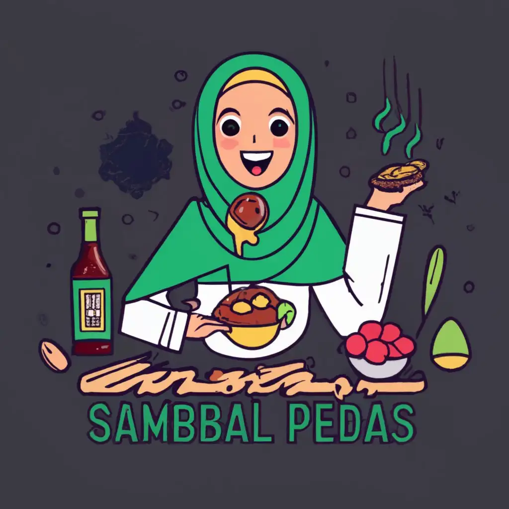 logo, hijab girl and halal food, with the text " .. use whatsapp number 083893981372 for order and make an logo ensure sambal and pedas is written correctly and halal is written in arabic or indonesian halal logo, and hijab girl eating it ", typography