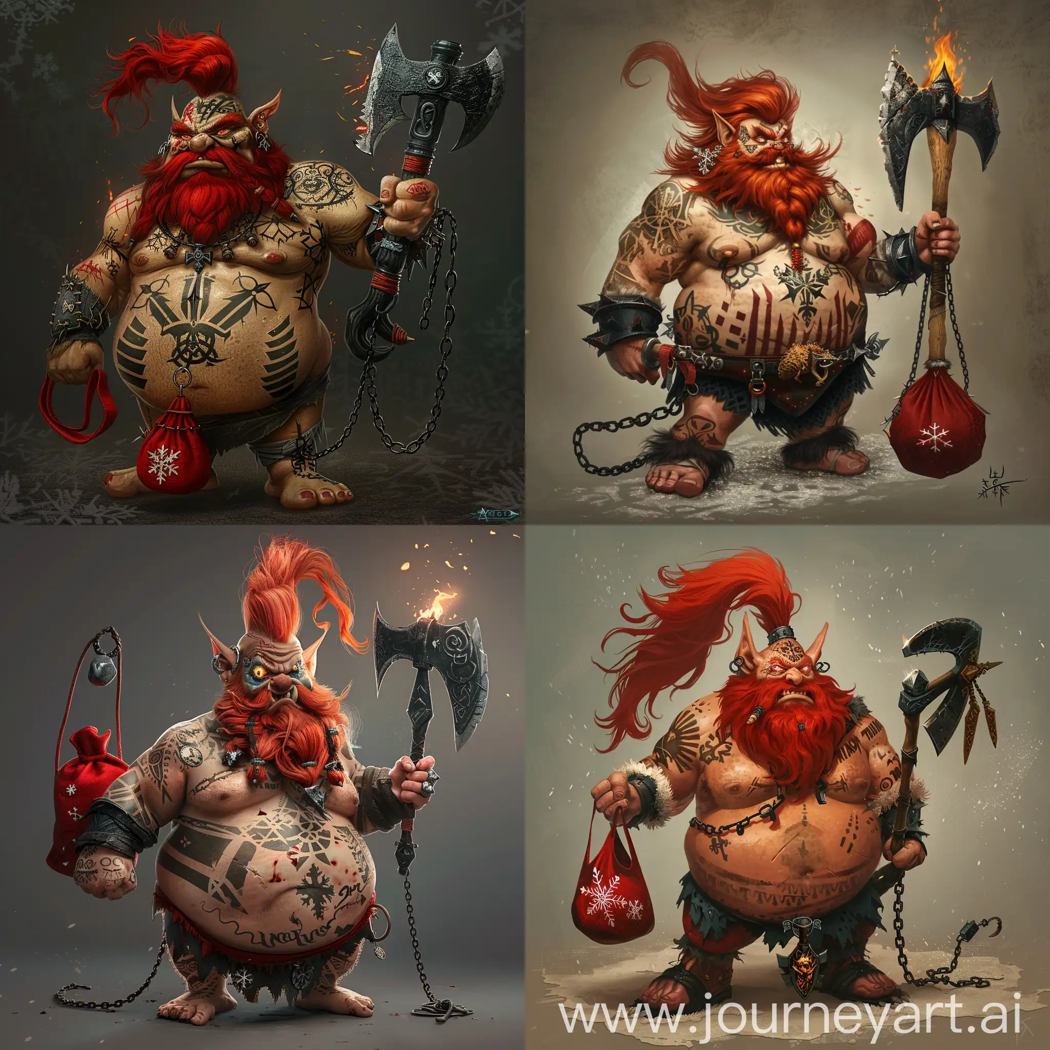 a fat barbarian dwarf named Bulgur is Red-haired, with a bare torso, red-haired with a long and wide tail of hair and a beard all in tattooed stripes all over his body, a small red bag with snowflakes on his belly, all ablaze with magic, his eyes burn with fire, evil yells at the top of his throat, brandishing a black metal axe on a chain (the chain is wound around the hand with which he holds an axe), despite the evil expression on his face, he is quite kind and iron-loving, an epic fantasy art character 4k
