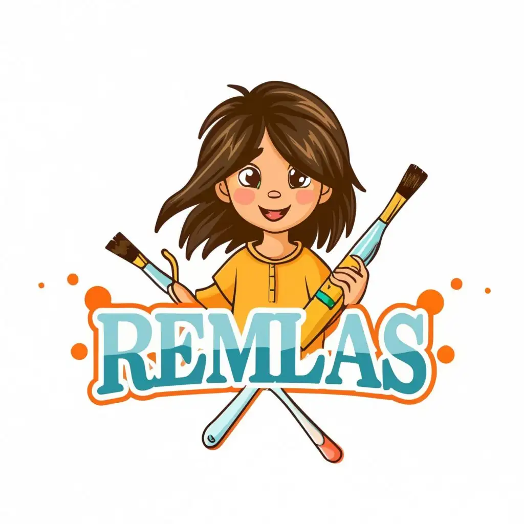 logo, Long hair cute boy with painting brush, with the text "Remlas", typography, be used in Entertainment industry