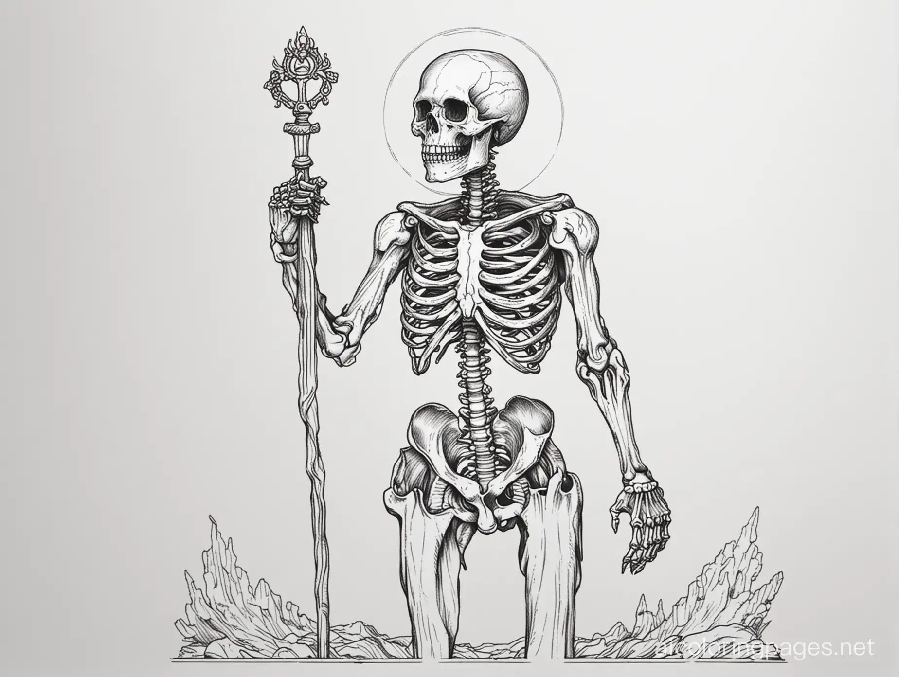 skeleton god

, Coloring Page, black and white, line art, white background, Simplicity, Ample White Space. The background of the coloring page is plain white to make it easy for young children to color within the lines. The outlines of all the subjects are easy to distinguish, making it simple for kids to color without too much difficulty