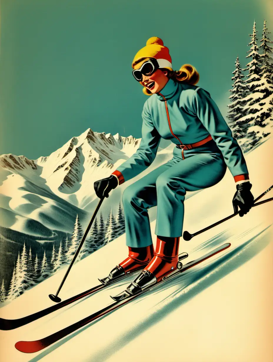 Vintage Skiing Scene Nostalgic Winter Recreation in the 1960s