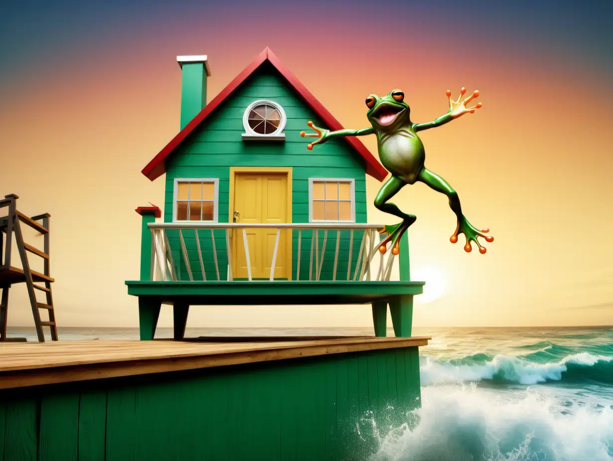 leap year image with a frog jumping over a beach house