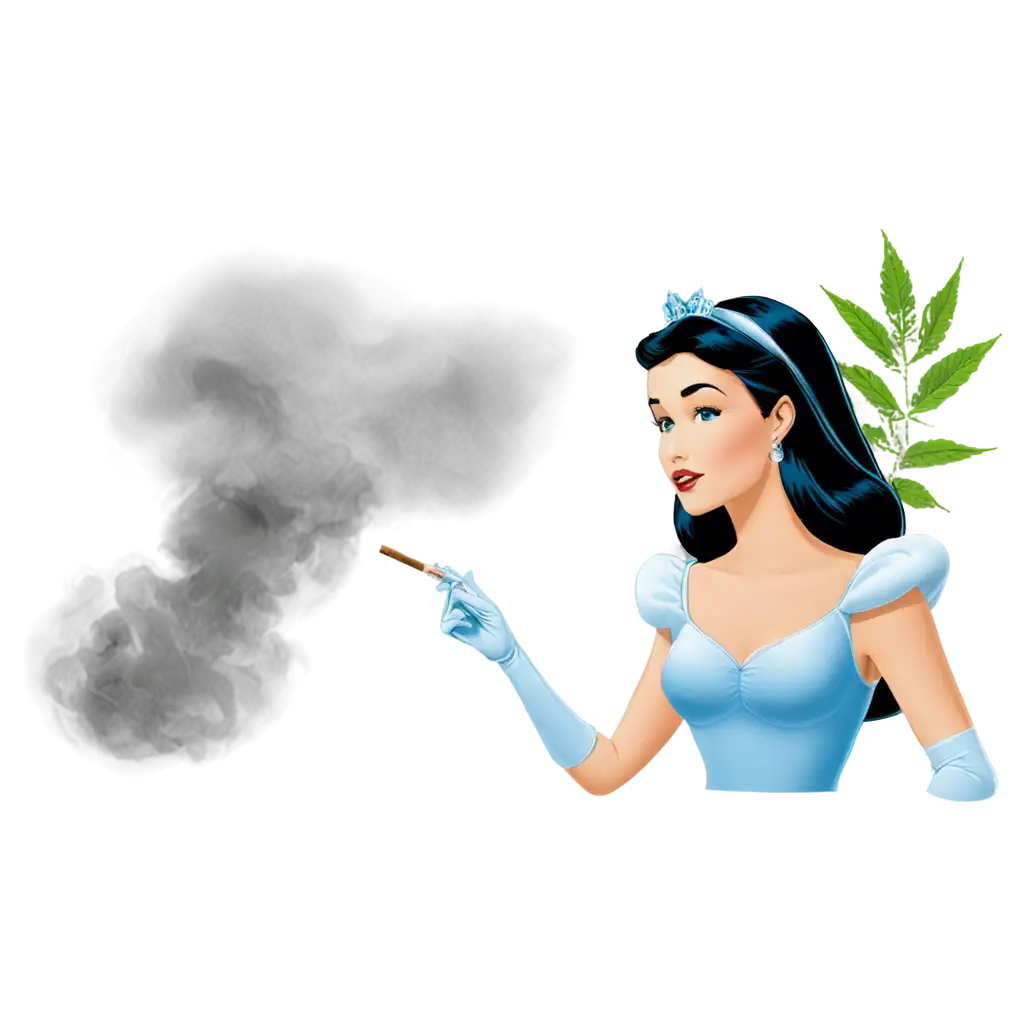 Cinderella smoking a blunt of weed with smoke in the background and weed leaves of sativa