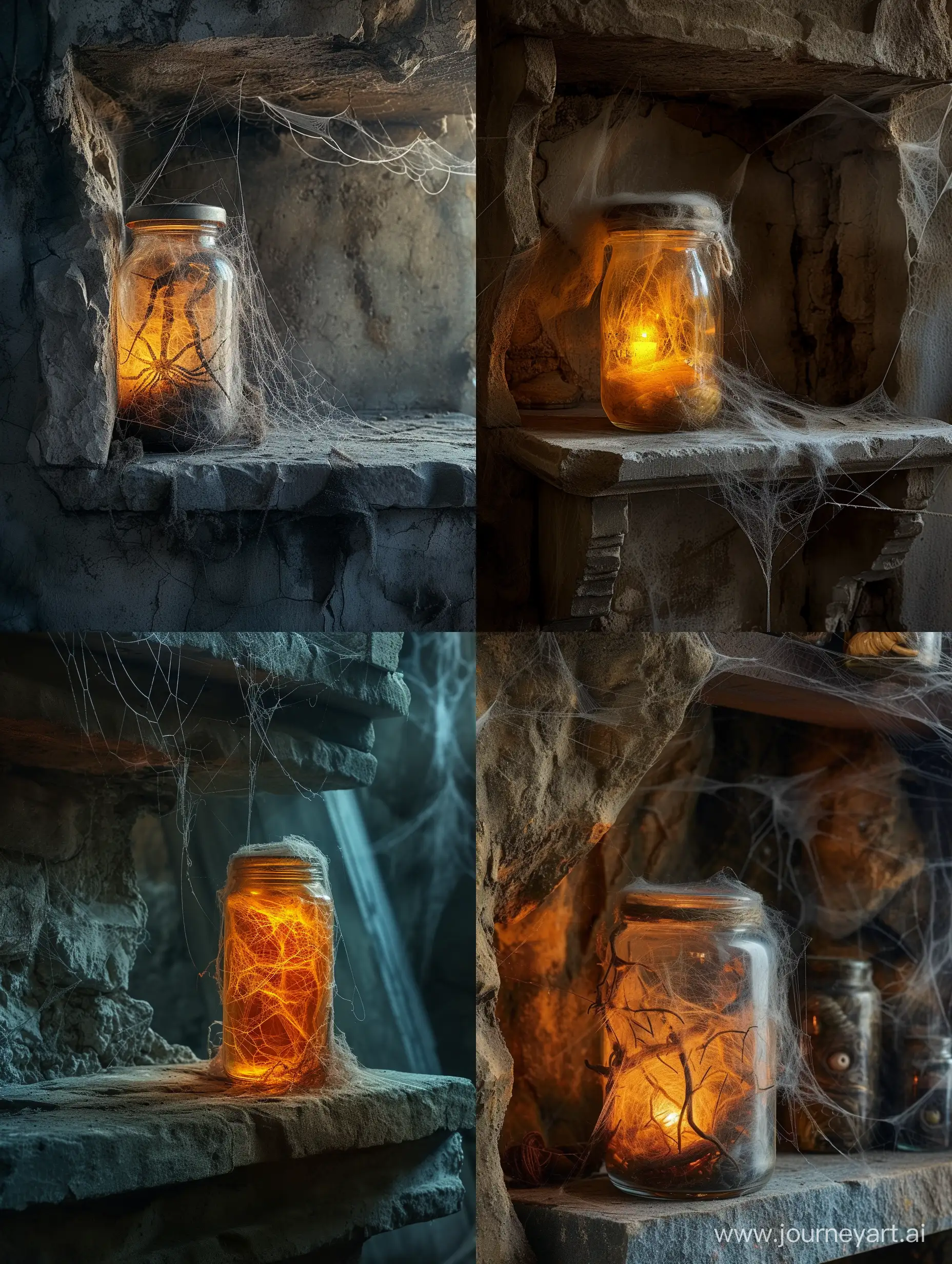 A real dark World inside a jar,on ancient stone shelf,cobwebs everywhere,incredible detail,warm light,terrifying