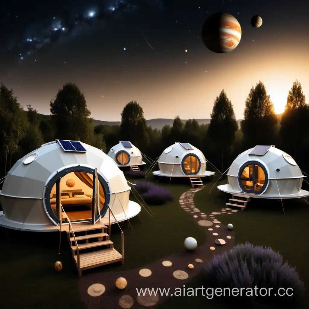 glamping tents in the style of solar system planets