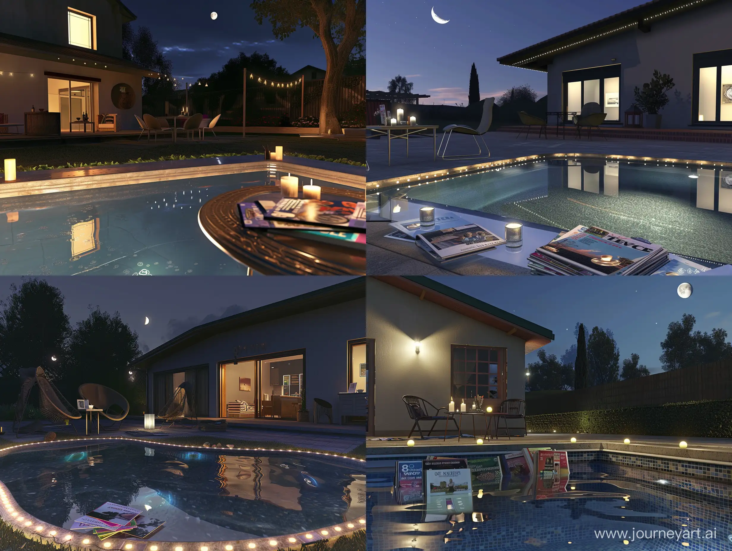 beautiful american house at night. a backyard a small swimming pool, with beautiful edging, desighned lights reflecting in the transparent water. near is a little table with magazines and candles. there are two design chairs near the table. 8 to ultrarealism, unreal engine, clear objects, beautiful nihgt skies with moon 