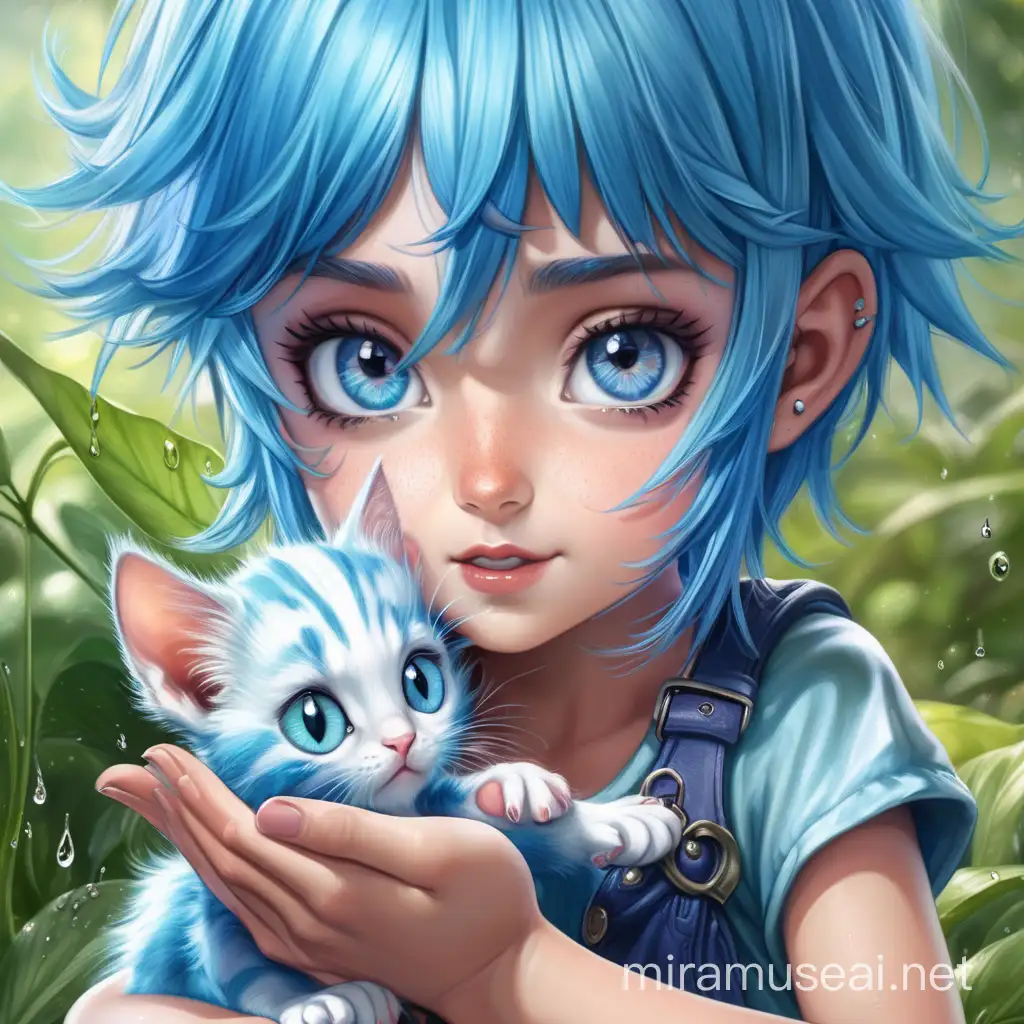 Pixie with blue hair and blue eyes saving a tiny wet kitten from the delugea