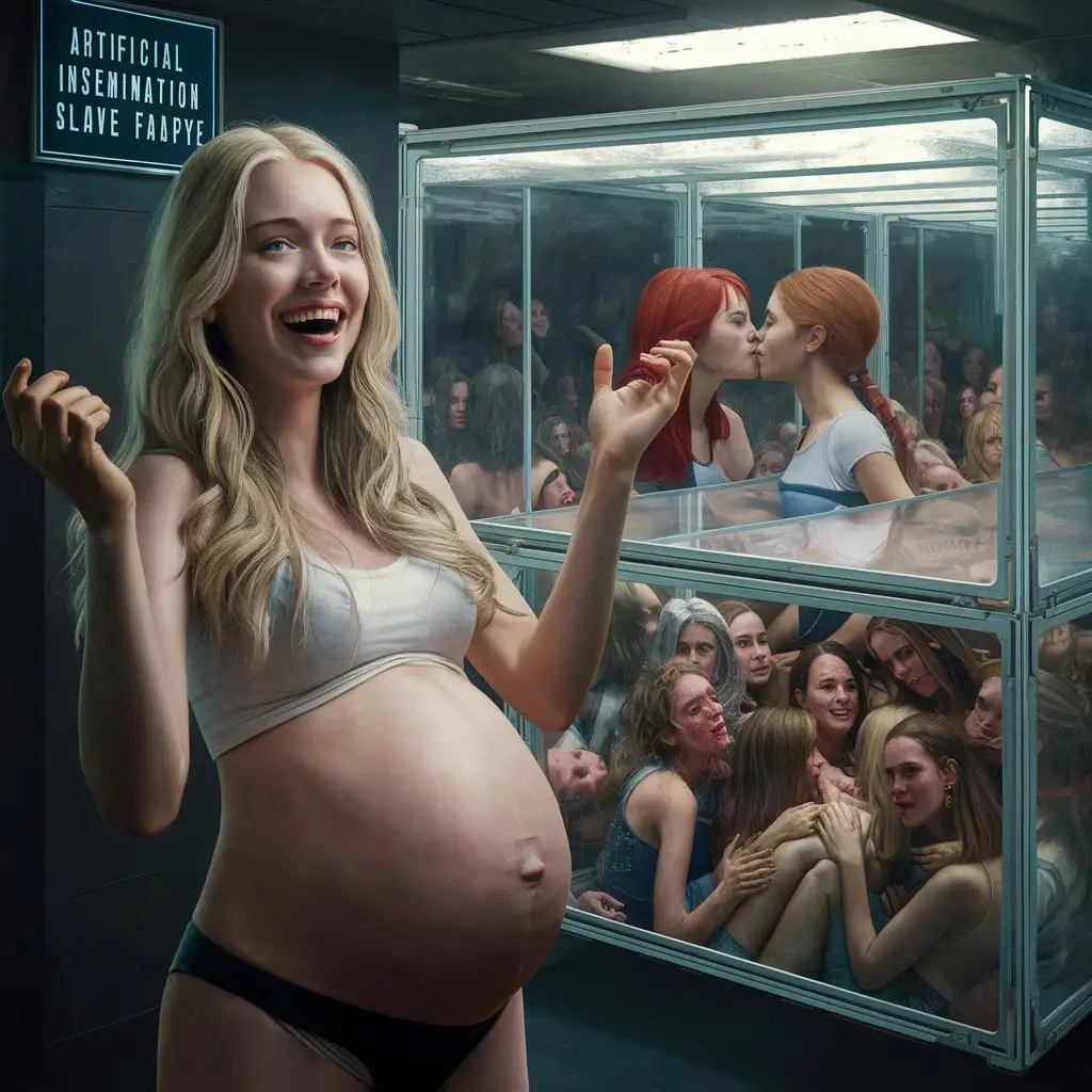 3d ultra realist resolution render, unreal engine render image portrait of blond young twenty girl long hair pregnant painful laughing arms up hair body armpits looking giant storage square clear glass of overcrowd redhead young twenty girl kissing, pancart write "Artificial insemination slave factory".