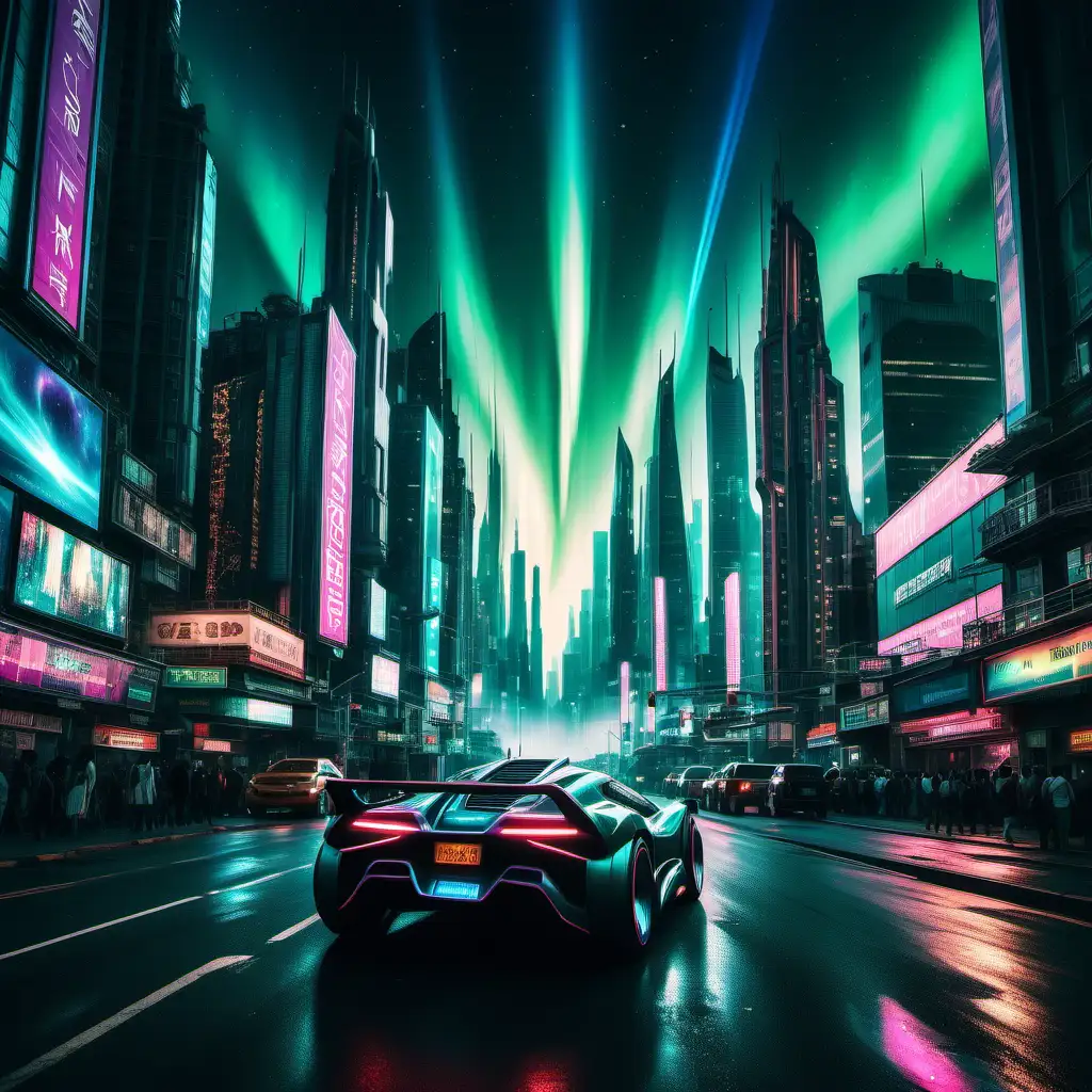 Futuristic Cyberpunk Cityscape Neonlit Skyscrapers and Hovercars