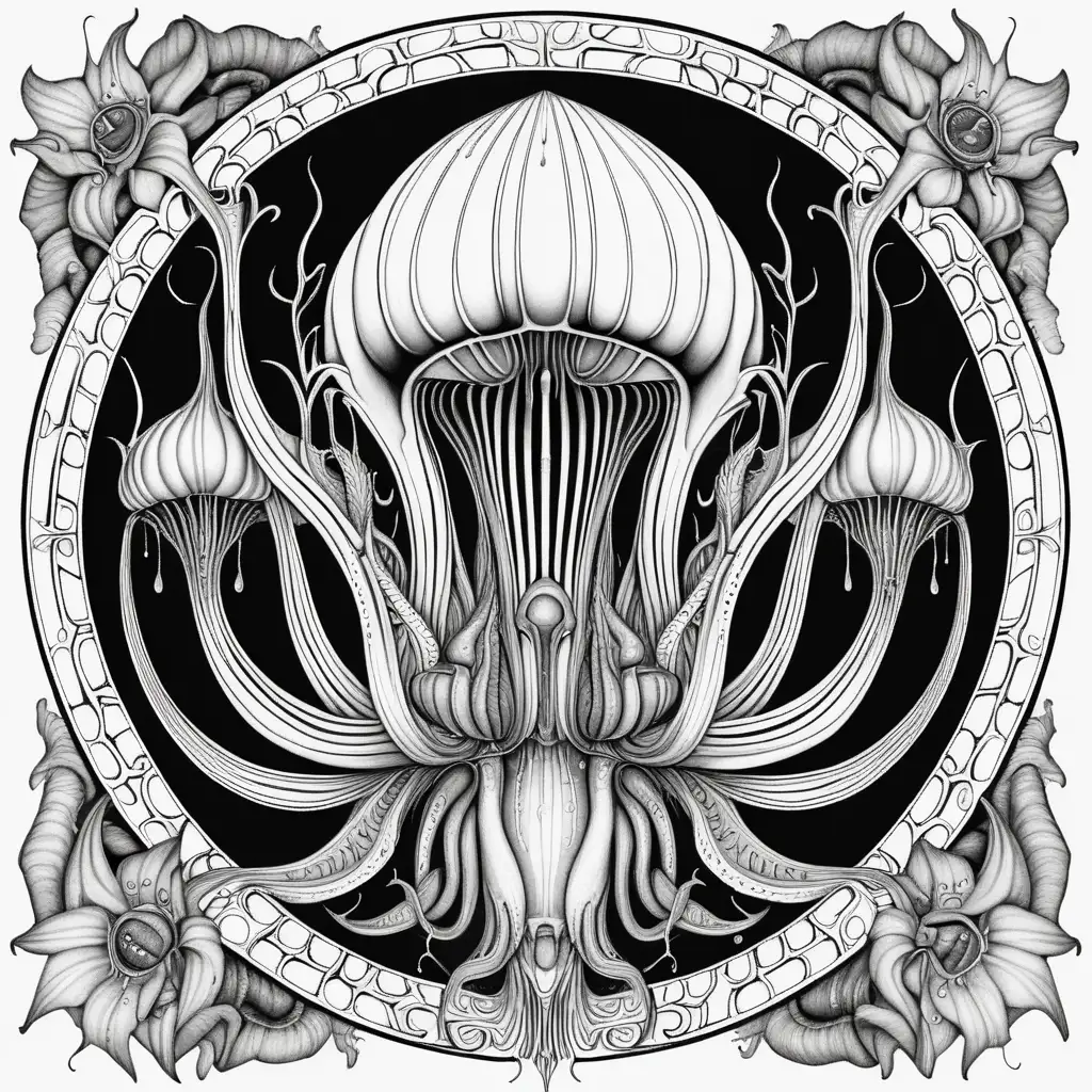 black & white, coloring page, high details, symmetrical mandala, strong lines, carnivorous plant, dripping slime, in style of H.R Giger