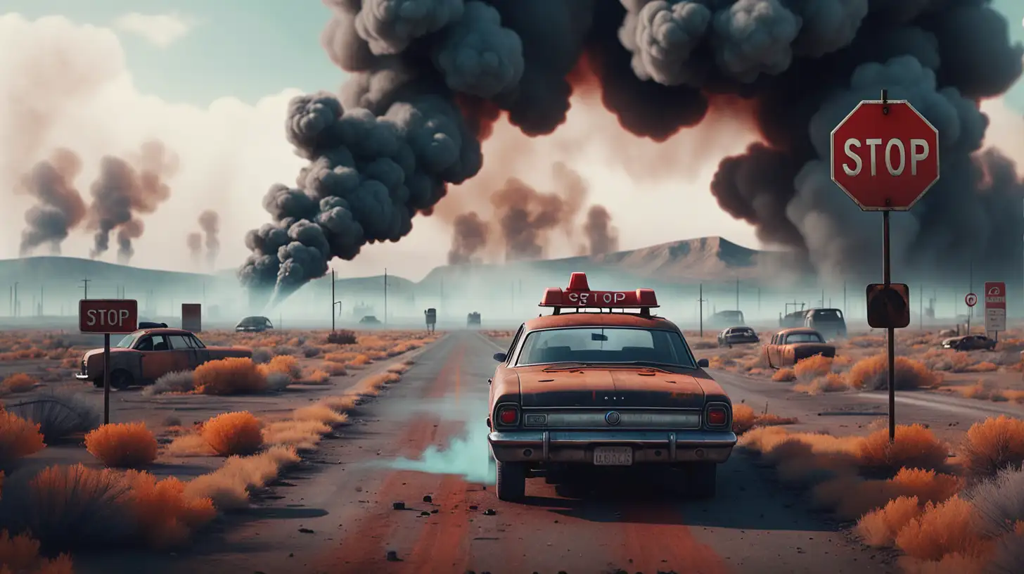 A stop sign in the middle of nowhere, rusty cars, poison smoke, futuristic landscape, realistic, lots of details, f8, uhd, cinematic style