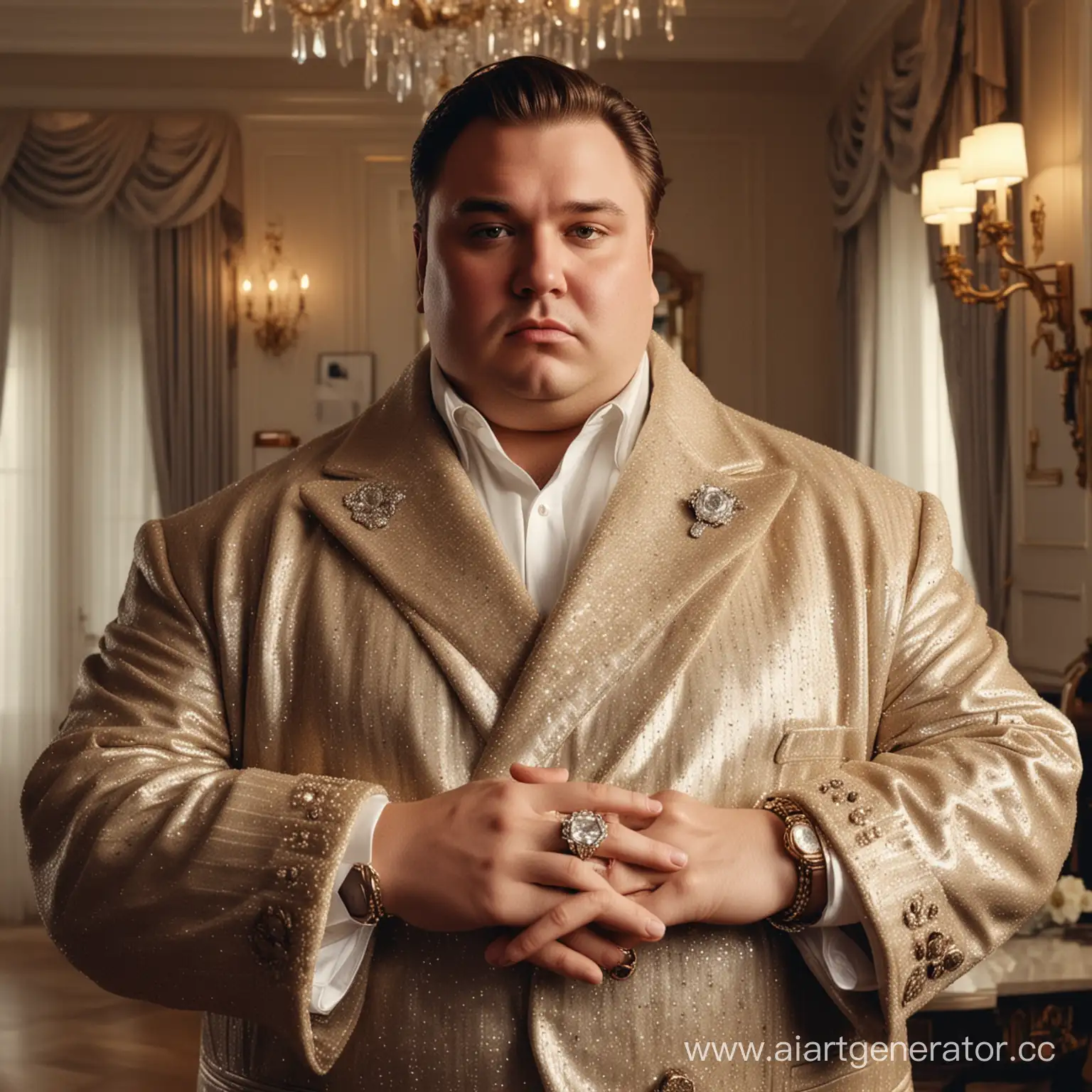 толстый богатый мужик в дорогом пиджаке сидит в крутом богатом доме с крутым кольцом с огромным брилиантом