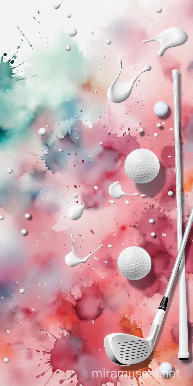 white digital painting golf sticks and balls in a violent watercolor abstract background with splash white drop foam, 