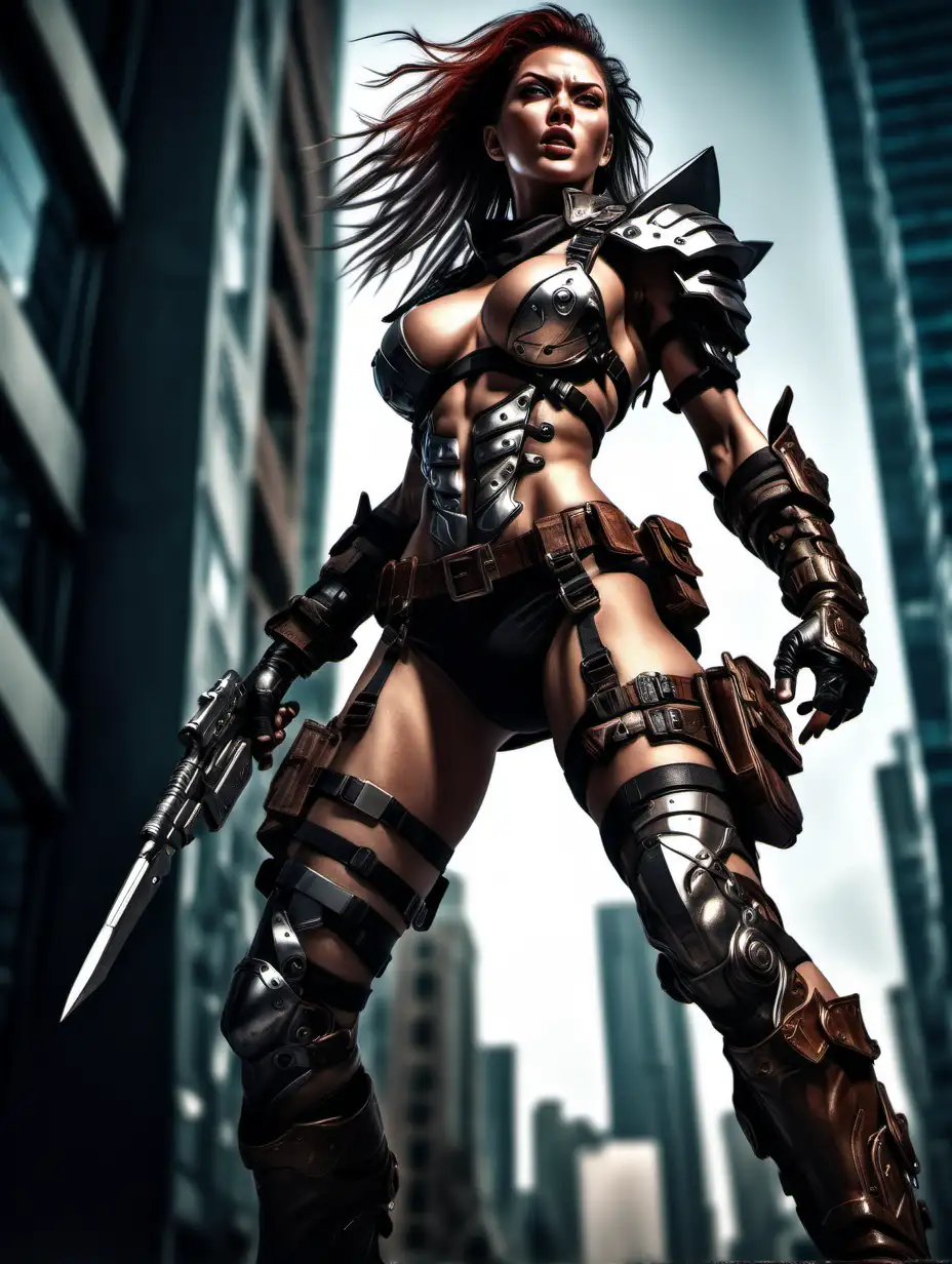 (cinematic lighting), in the world of comic Cyberforce ballistics, 1 beautiful warrior women fighting for her life, fierce fight, wearing boots, full body photo, intricate details, detailed face, detailed eyes, angle from below, hyper realistic photography