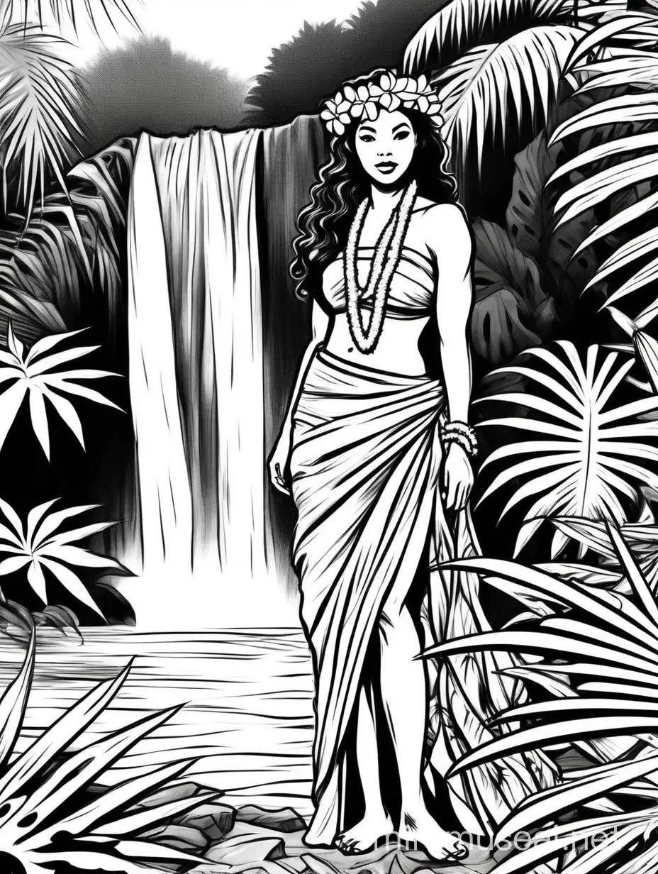 a black and white sketch of a Hawaiian lady with a lei and a sarong standing by a waterfall, background white with lush tropical foliage. 