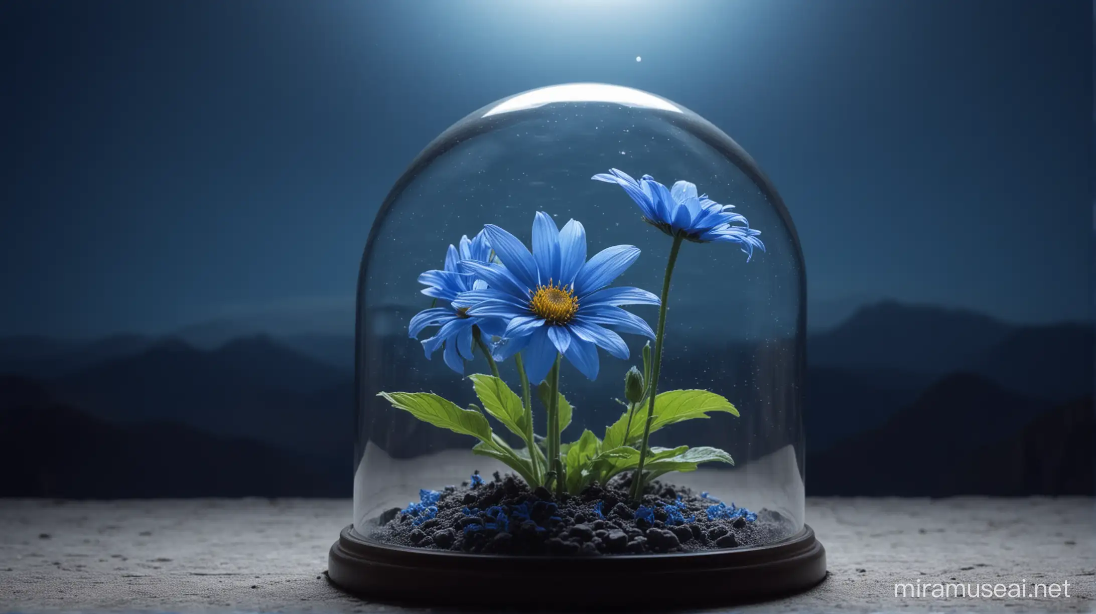 Blue flower under glass dome. Background Moon surface.
