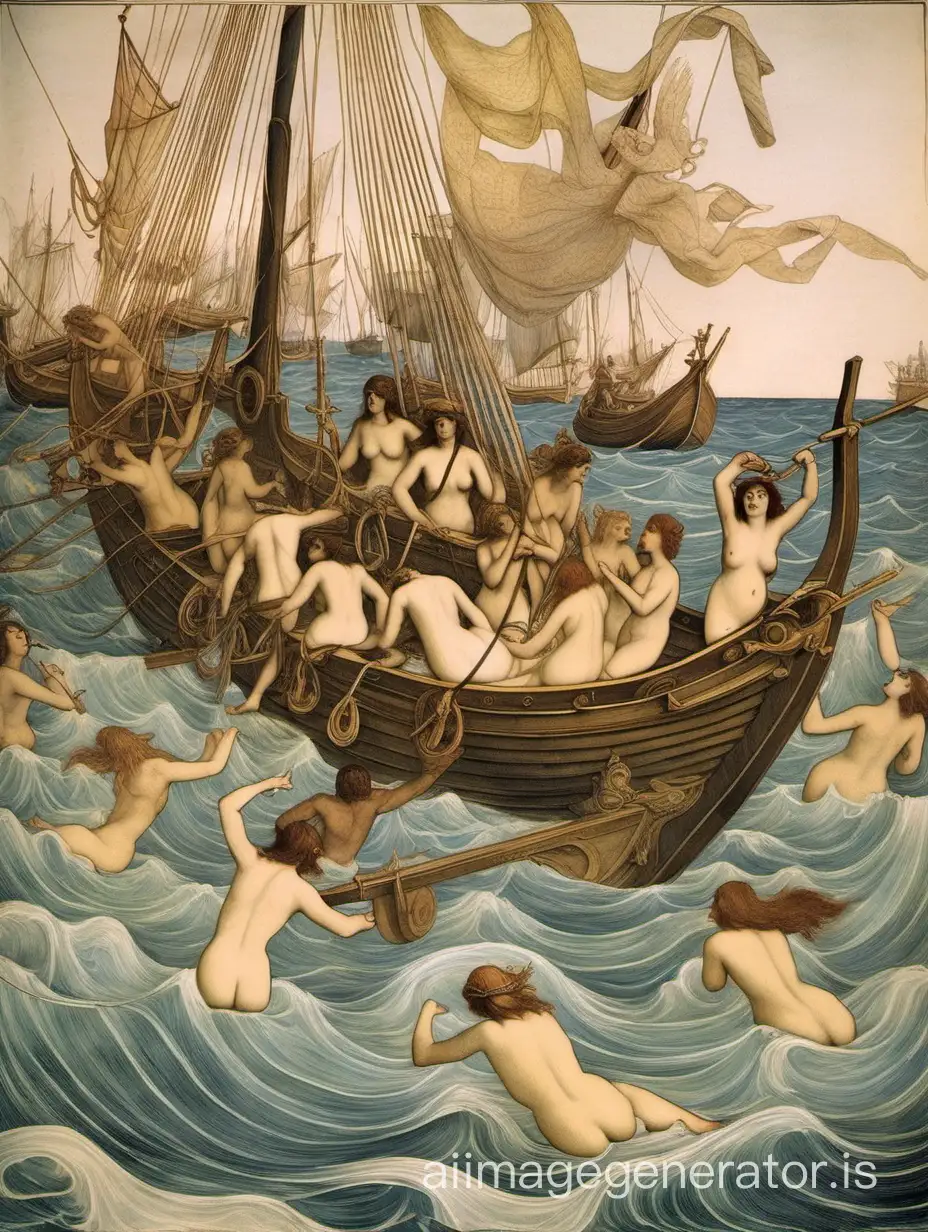Ulysse attaché sur son bateau traverse le chant des sirènes nues sur la mer.