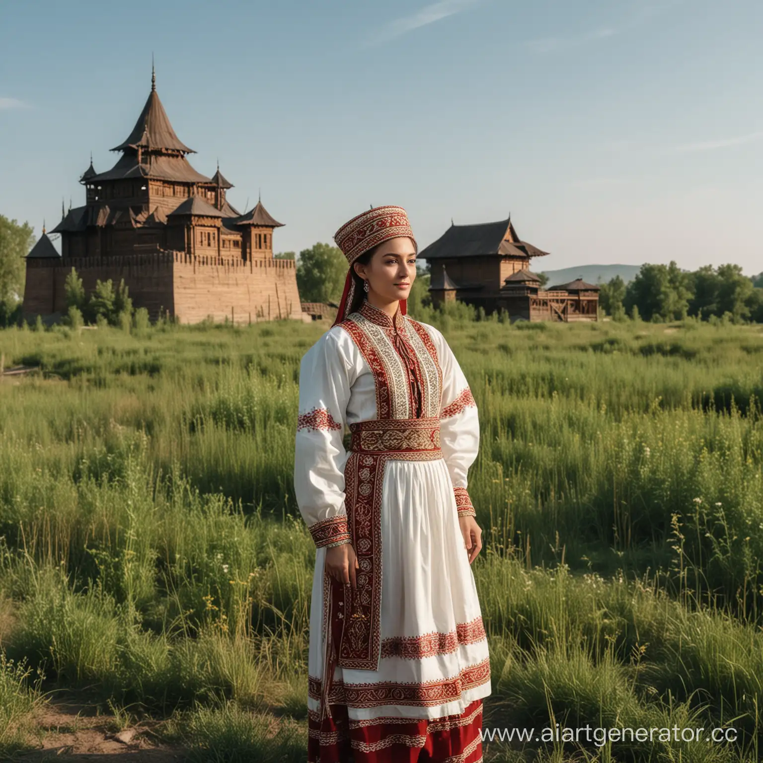 Человек в национальном татарском костюме стоит на природе. На фоне деревянная крепость 15 века.